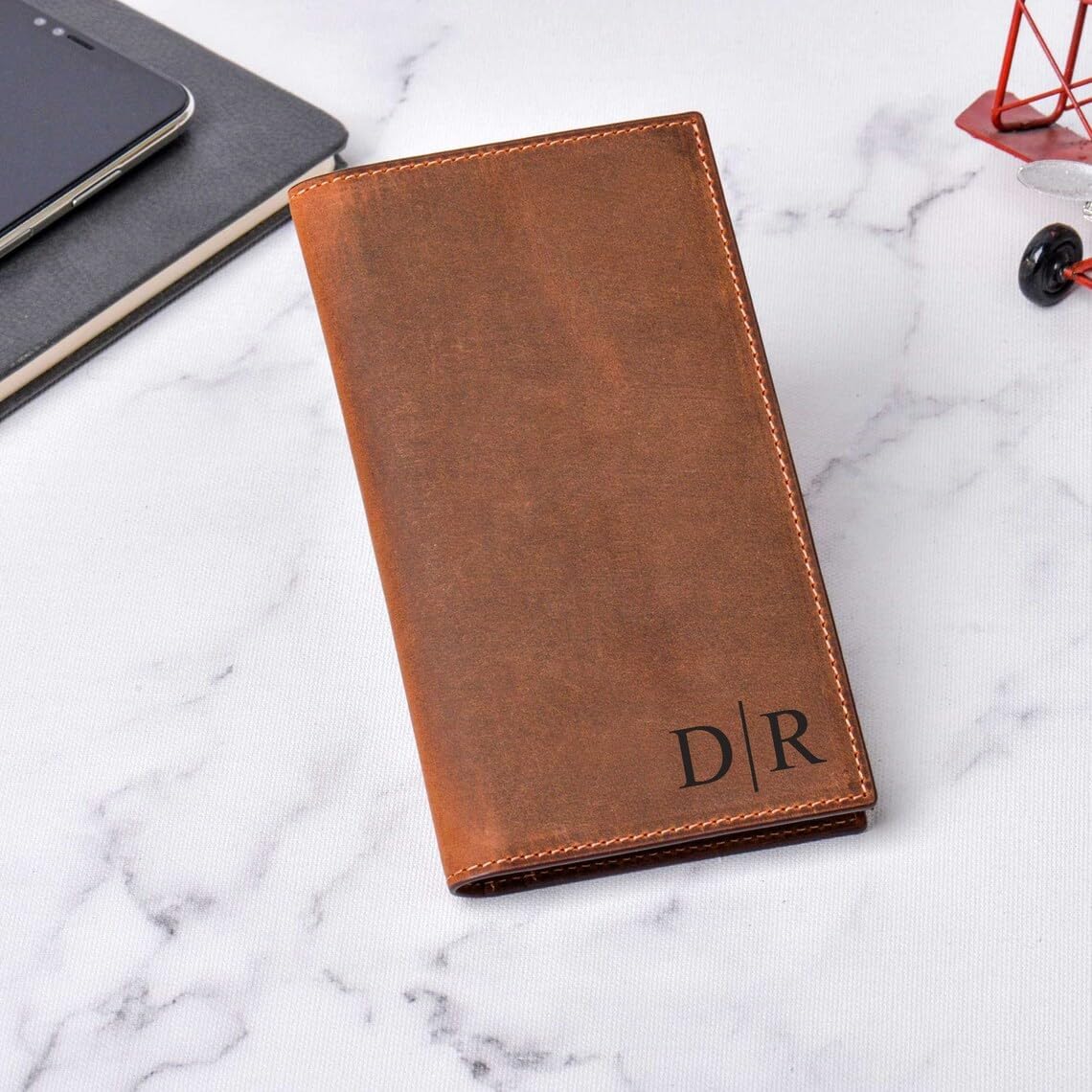 Men’s Long Leather Wallet – Slim Bifold Checkbook Wallet with 12 Card Slots – Distressed Top Grain Leather – Brown Handmade Organizer for Cash, Notes & Cards