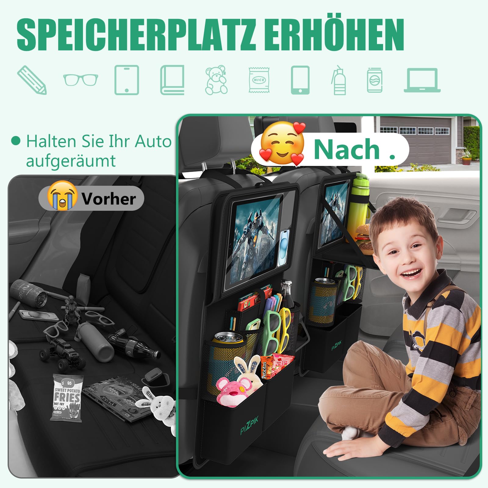 Plzpik Auto Organizer, 2 Große Rückenlehnenschutz, Autositz Organizer Kinder mit Klapptisch, 12 Taschen, Wasserdichter Rücksitzschutz, Auto Reisezubehör (Schwarz, 2 Stück)