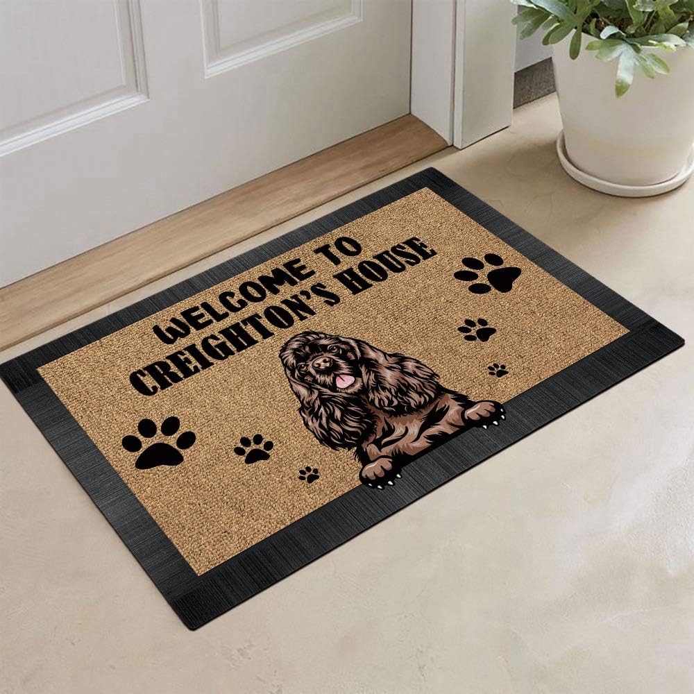 Personalized Welcome to Dog House Doormat with Cartoon Lovely Peeking Puppy Cocker Spaniel Custom Door Mats for Home Decor 23.6 x 15.7 Inch