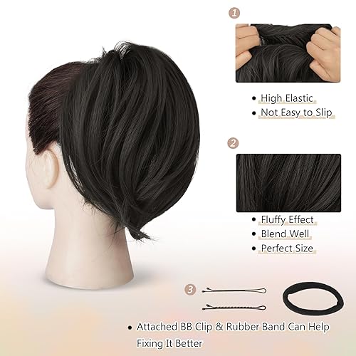 Miniatura 3 de BARSDAR Extensiones de moño de cabello lacio, extensiones de moño de cola de caballo negro corto para mujer, extensiones de cabello sintético