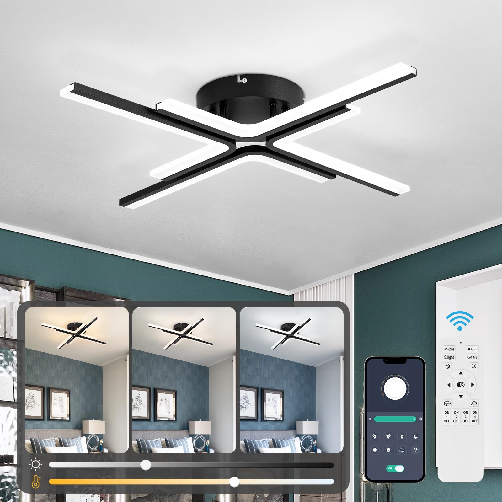Vloitgol Modern Ceiling Light LED, 66cm Black Dimmable Ceiling Lights Fixtures LED with Remote Control