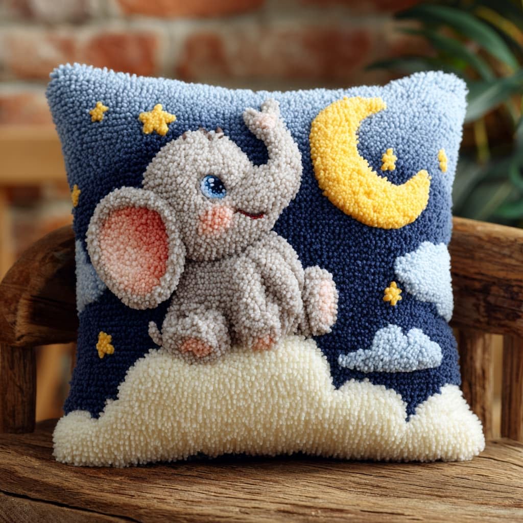 Taxpy DIY Latch Hooking Pillow Kits, Elephant and Moon Pillow Cover Preprinted Throw Pillow Needlework Crochet Yarns Latch Hook Cushion Making17x17inch