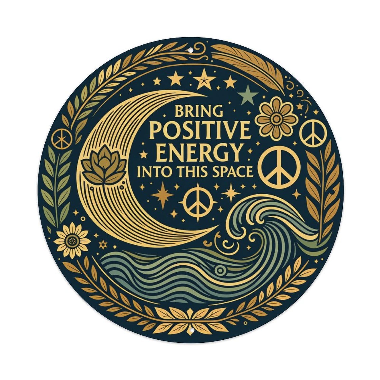 Moon Waves Peace Flowers Stars Round Tin Sign Vintage Metal Poster, Home Bar Garage Man Cave Cafe Indoor & Outdoor Wall Decoration 8x8Inches