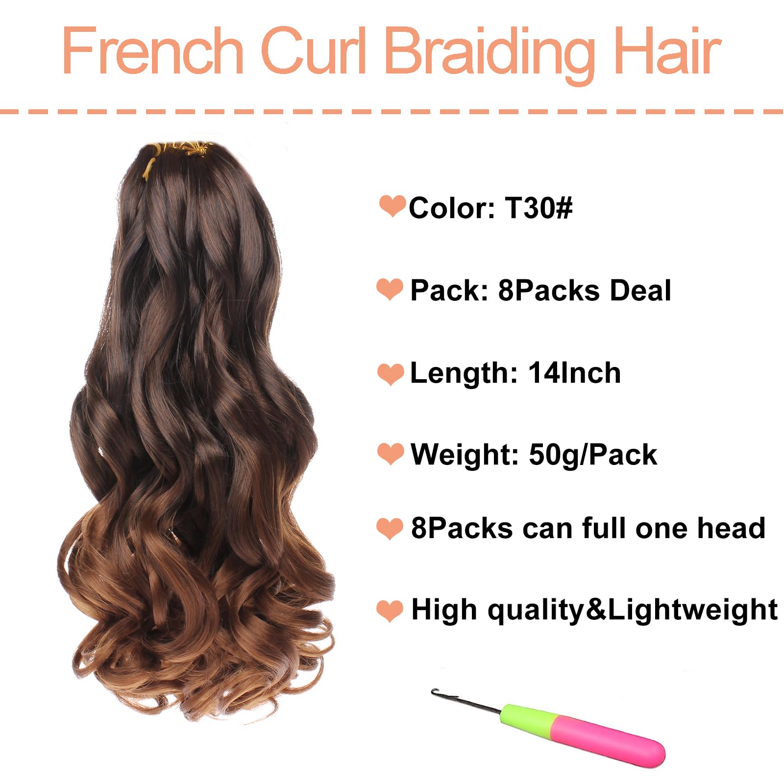 Mscat 14 Inch 8 Packs Pre Stretched French Curly Braiding Hair Loose Wave Bouncy Hair Extensions T30#, 14 Inch (Pack of 8) - Image 2