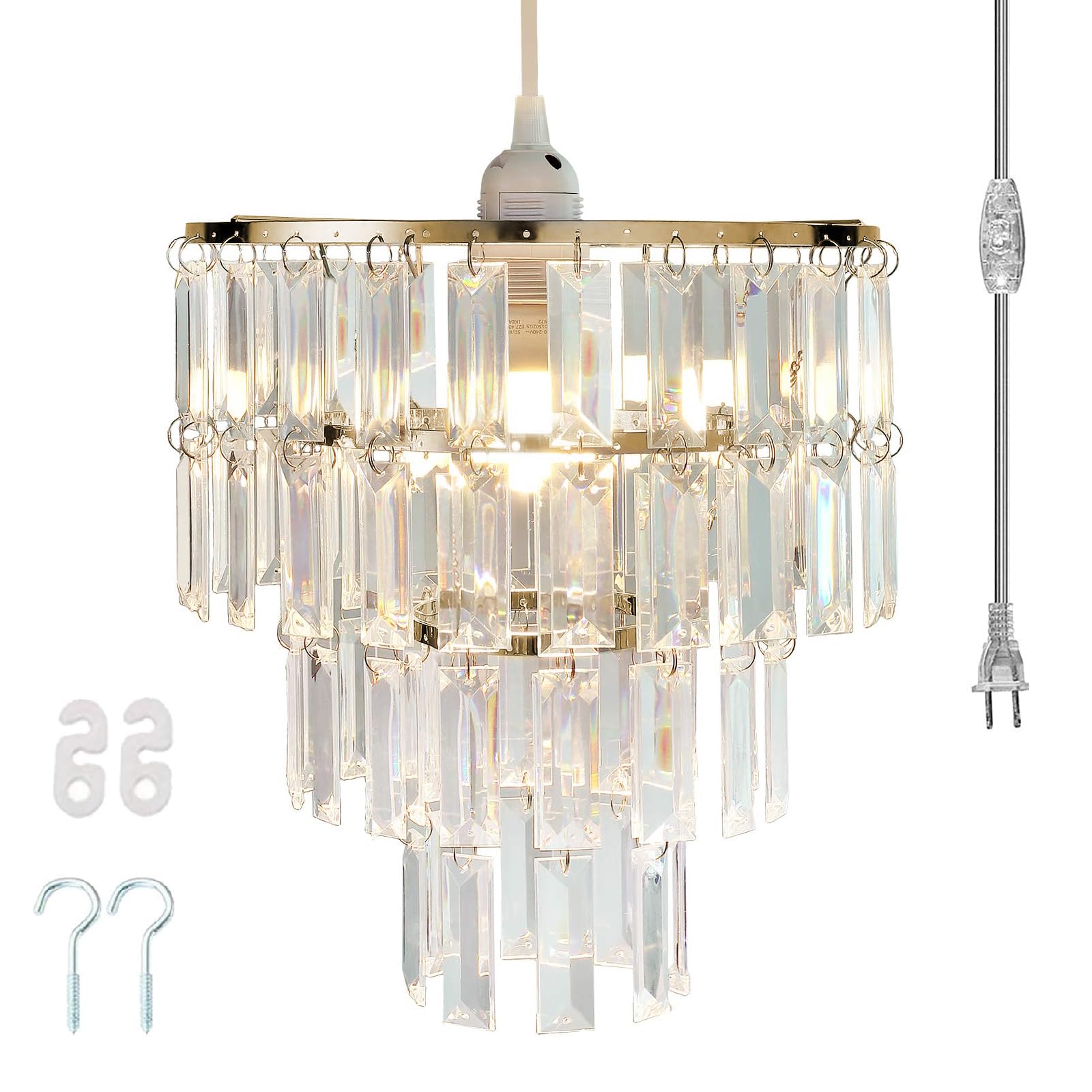 Modern Chandelier Shade with 1 Light Plug-In - Gold Faux Chandeliers Light Fixture - Pendant Ceiling Lampshade for Girls Bedroom - Size W9.84 X H11