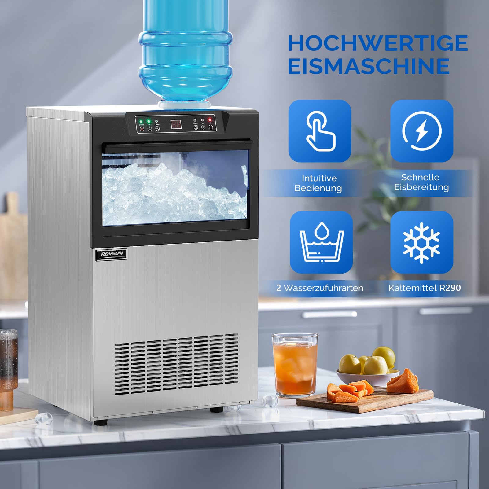 ROVSUN Gewerbliche Eiswürfelmaschine 50 kg/24H Kommerzielle Eismaschine mit Kompressor 50 Stück/14 Min. 23 kg Eislagerkapazität, Eiswürfelbereiter 24H-Timer, LCD-Anzeige, Selbstreinigung