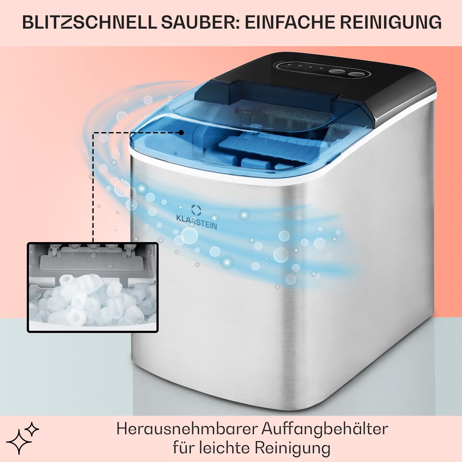 Klarstein On-The-Rocks - Eismaschine, Eiswürfelbereiter, Eiswürfelmaschine, 12 kg / 24 h, 120W, 2 Würfelgrößen, 6-12 min, 2,1 Liter Wassertank, Selbstreinigungsprogramm, Edelstahl, schwarz