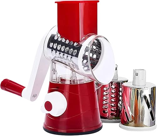 Rallador de queso giratorio con manivela y 3 cuchillas intercambiables, ideal para rallar, triturar y rebanar verduras, frutas, frutos secos,