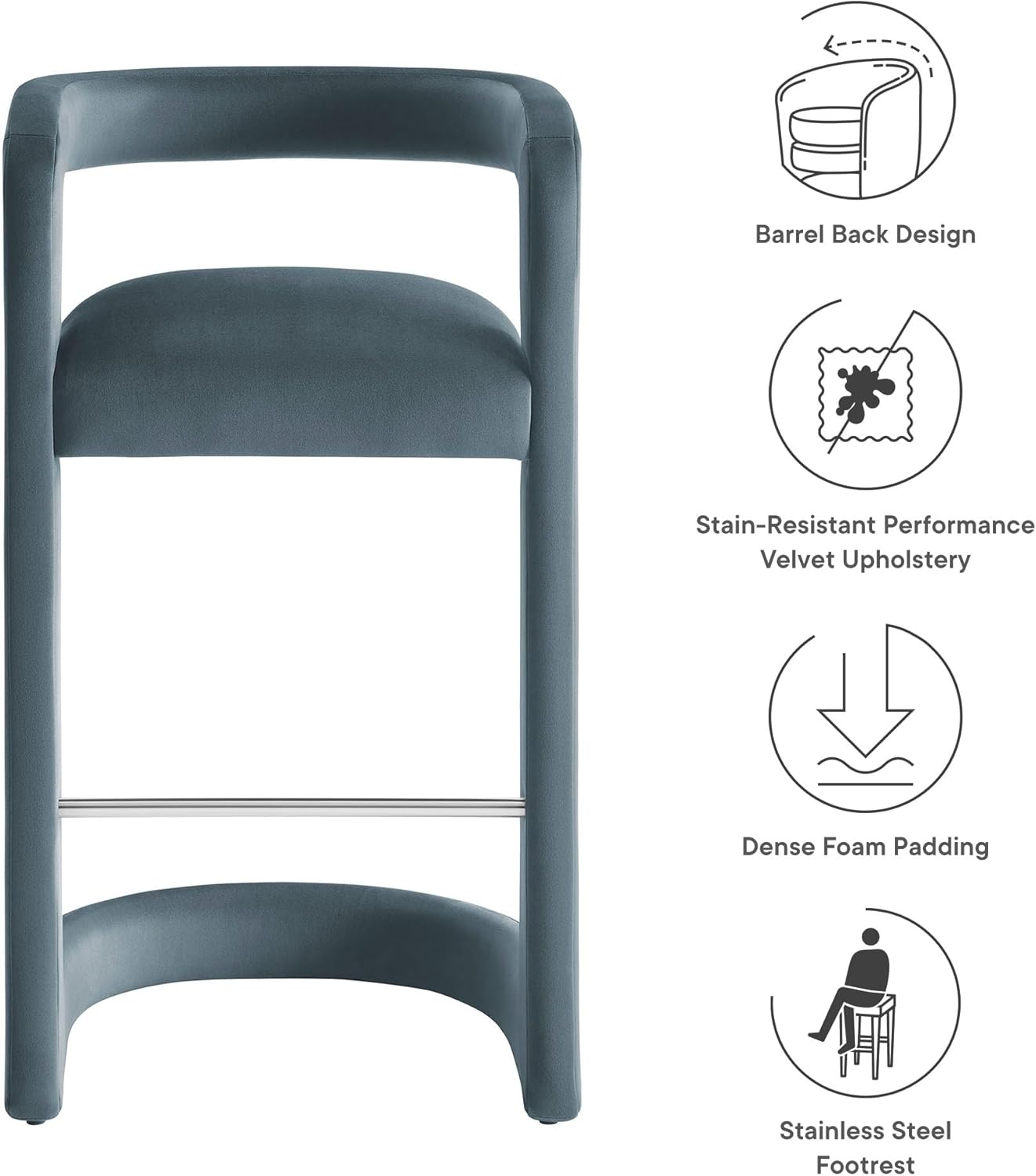 Modway Winslow Performance Velvet Bar Stool in Cadet Blue