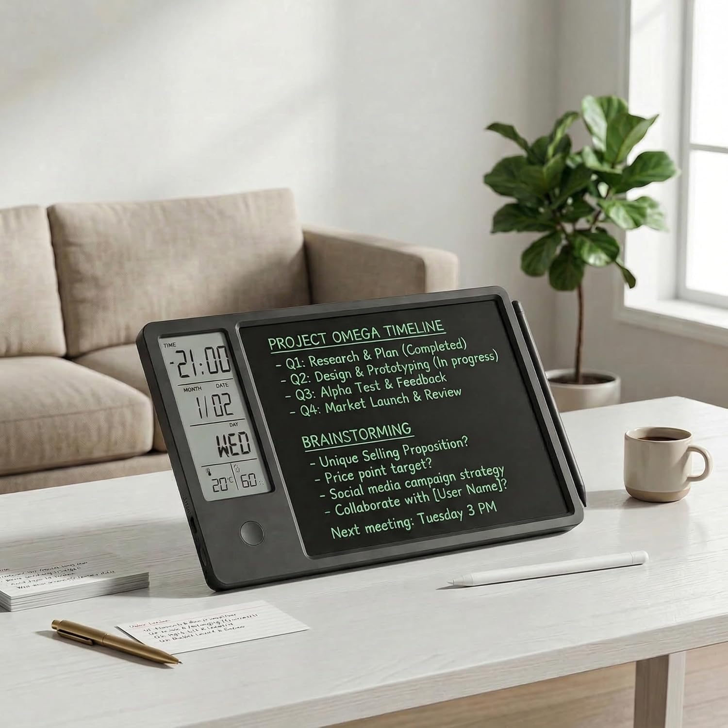 10-Inch Rechargeable LCD Calendar Notepad with Digital Clock Temperature and Humidity Display – Dual-Function Writing Tablet and Desktop Calendar with Stylus – Available in Black and White (Black)