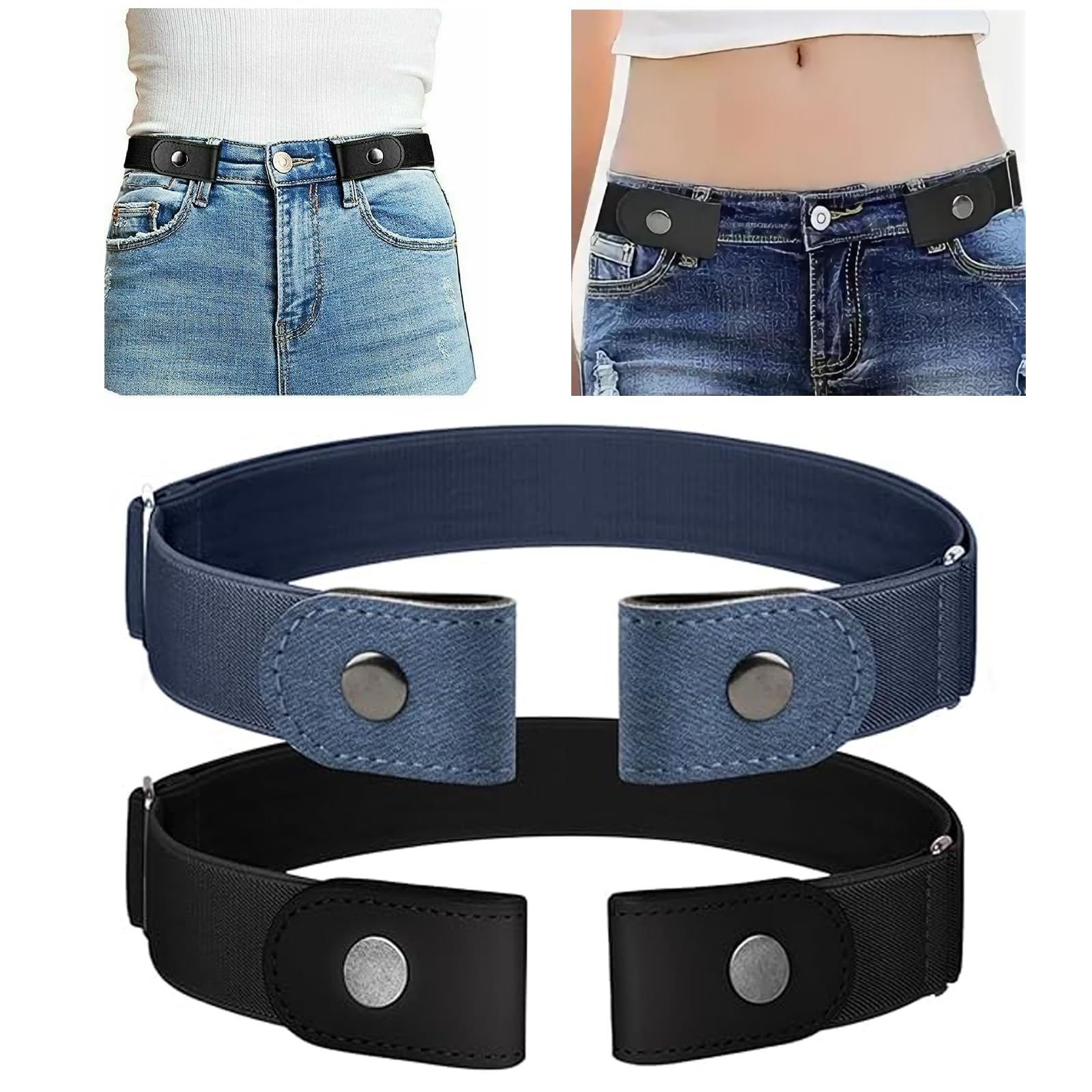 Nurhore Unisex Black, Blue 2 Pcs No Buckle Belt For Men Women, Adjustable Buckle-Free Invisible Elastic Waist Belts, Comfortable Invisible Stretch Waist Belt Without Buckles For Jeans Pants Trousers, (Blue, Black)