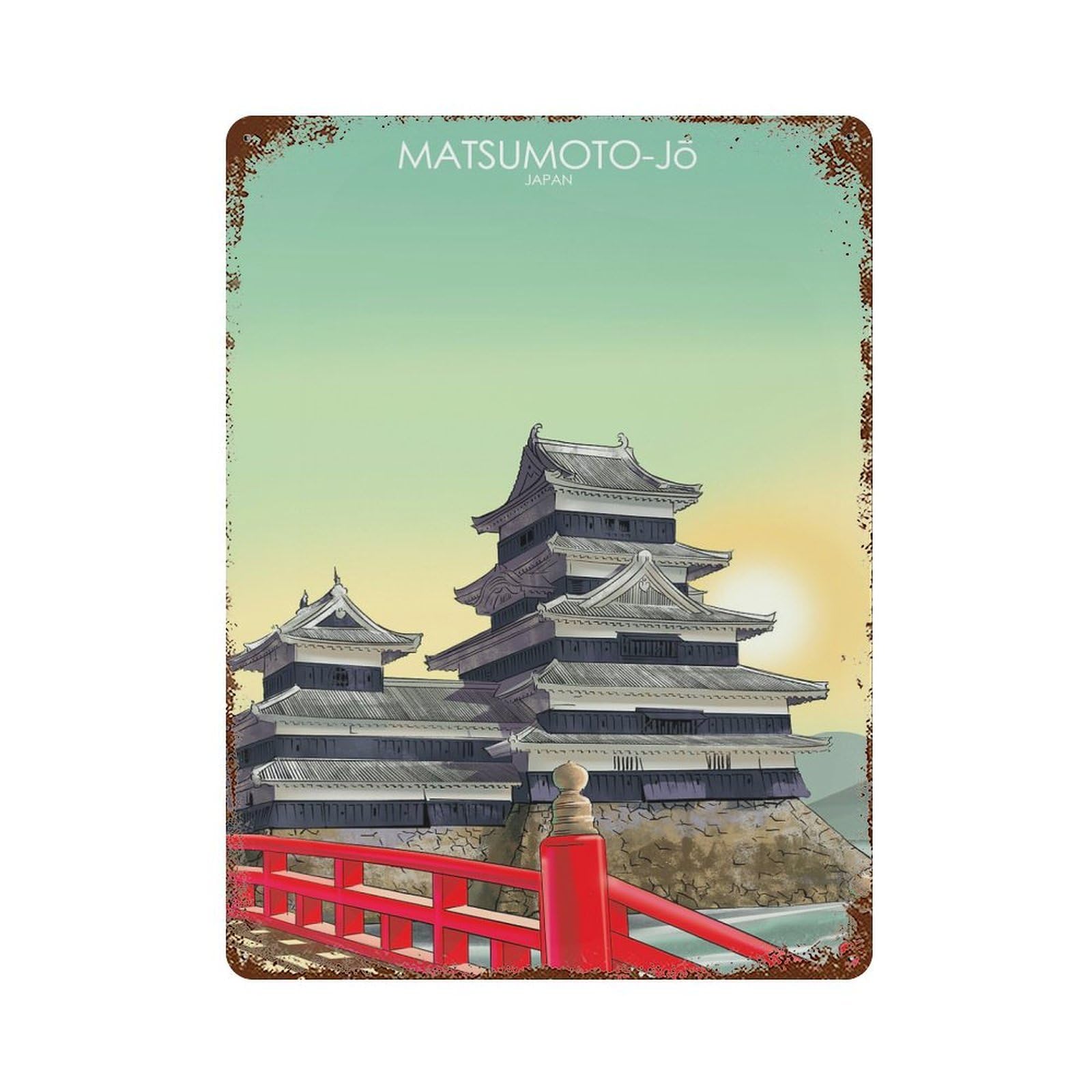 Vintage Metal Tin Sign with Matsumoto Castle in Japan Design 15.7"x11.8", for Living Room, Hallway And Home Decor, Retro Wall Decor