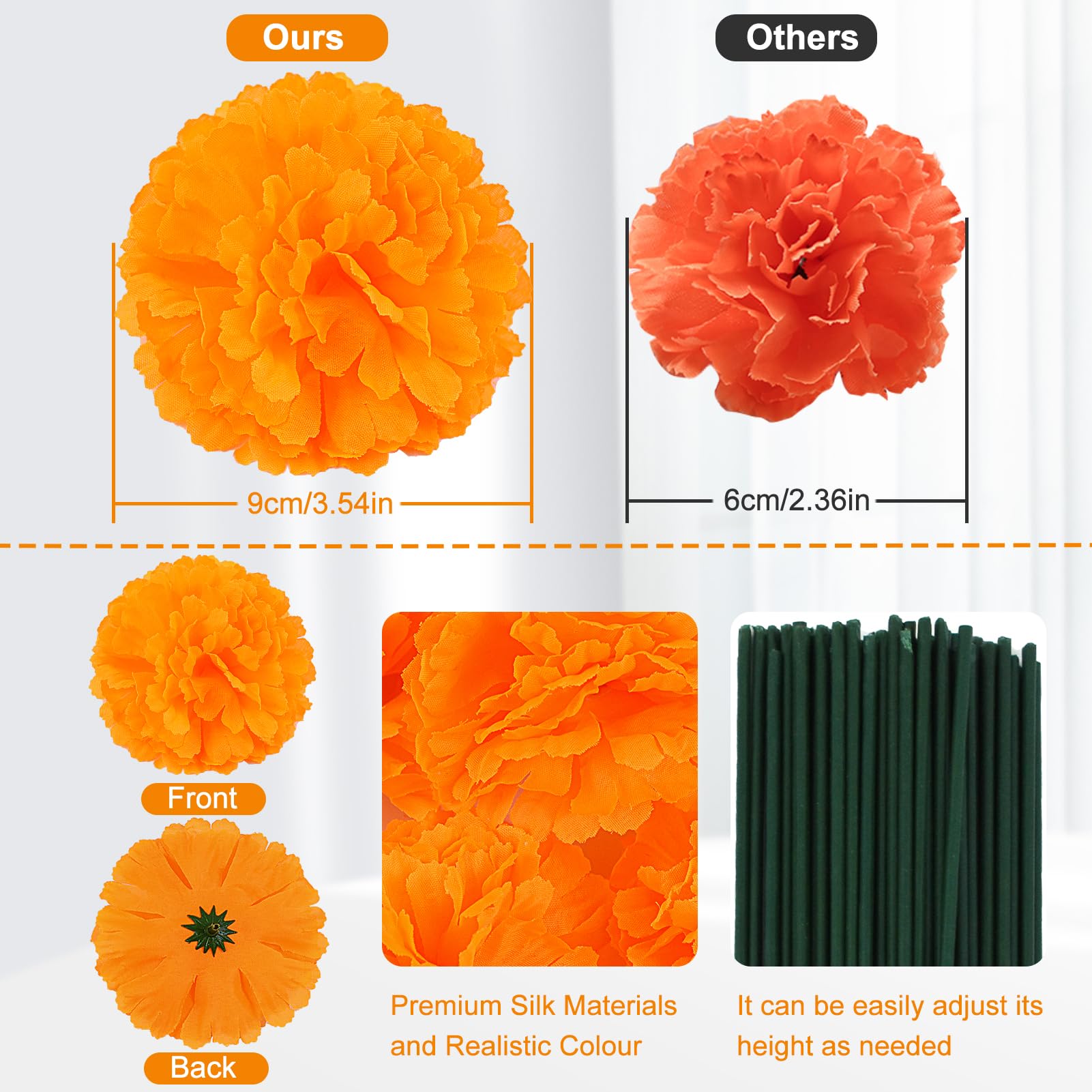 72PCS Artificial Marigold Flower with Stems,3.5Inch Marigold Flower