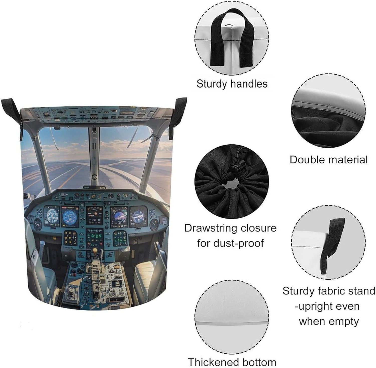 Airplane Cockpit Laundry Bag Large Collapsible Laundry Baskets Freestanding Waterproof Clothes Hamper with Handles & Drawstring for Laundry Room Bedroom Bathroom
