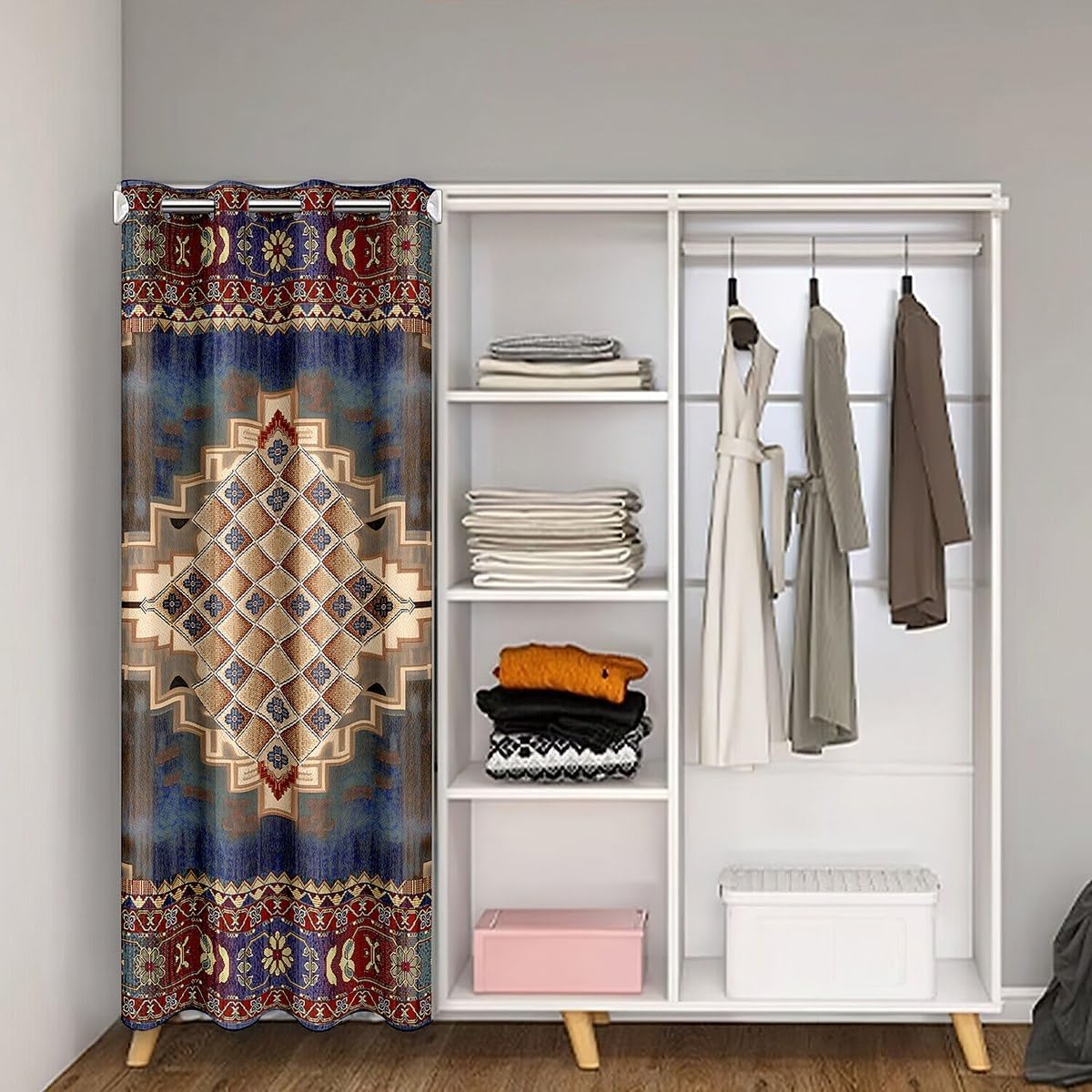 Boho Door Curtain, Boho Exotic Blackout Curtain, Retro Blue Yellow Ombre Red Floral Bohemian Tribal Doorway Curtain, Vintage Antique Grid Damask Medallion Egyptian Door Drape, 1 Panel, 52"W X 80"L