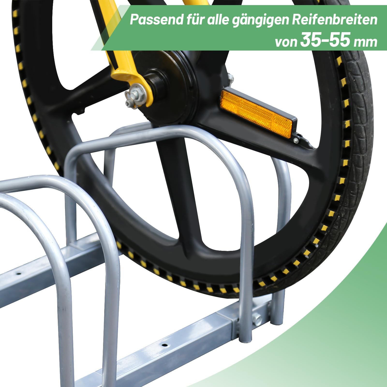 Soporte de suelo para 4 bicicletas, soporte para ruedas de acero galvanizado, ancho de neumático de 35 a 55 mm, distancia de aparcamiento de 30 cm, soporte para bicicletas para garaje, sótano, patio
