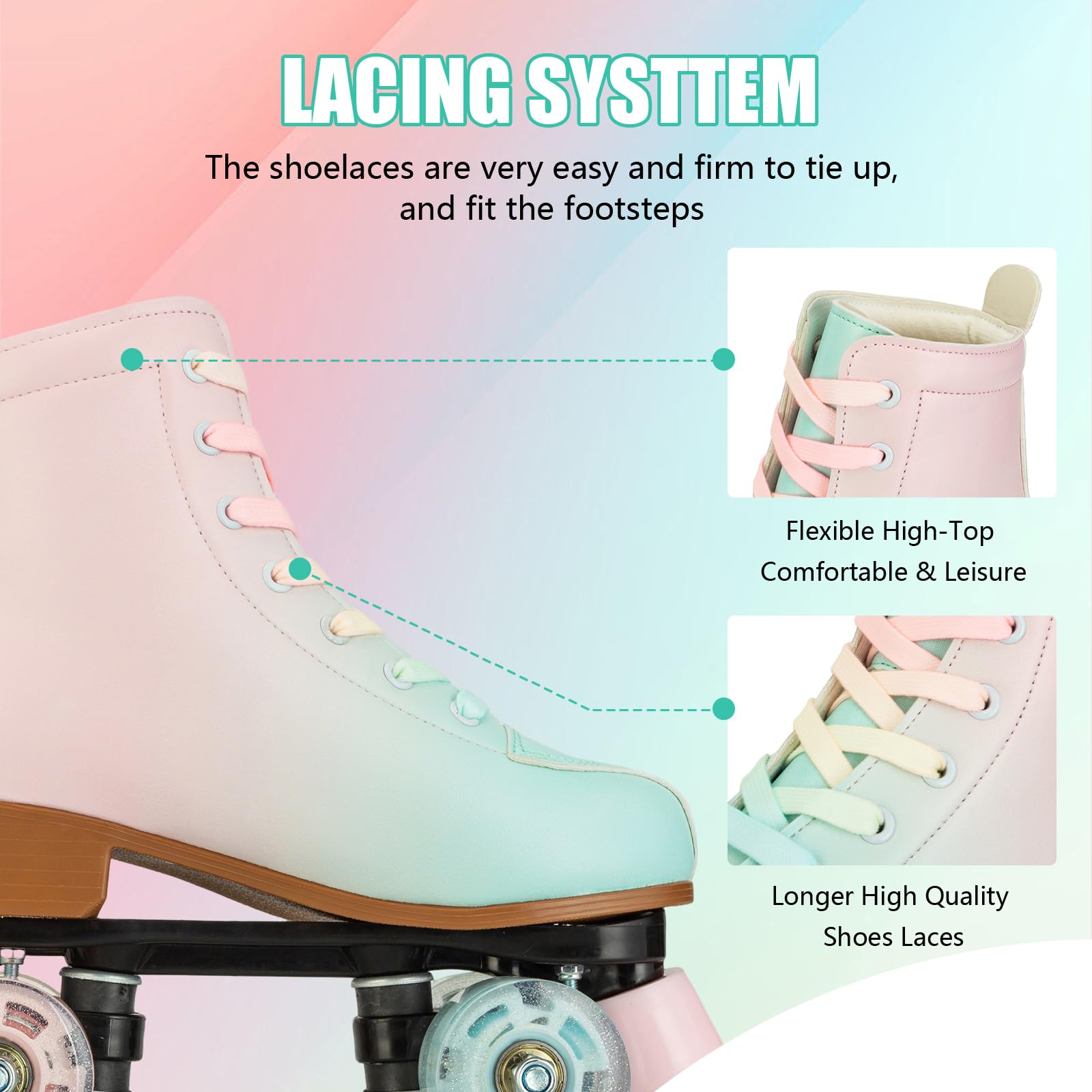 Gets Patins à roulettes pour femme - En cuir synthétique - Quatre roues - Double rangée brillante - Pour intérieur et extérieur
