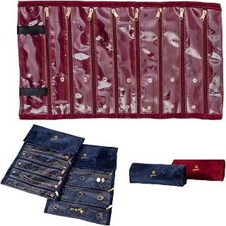 Travel Jewelry Roll Case-Portable Organizers and Storage Soft Velvet Travel Case with Zippered, Compact Storage for Earrings, Rings, Necklaces, Studs for Women (Red, 18 Pockets)