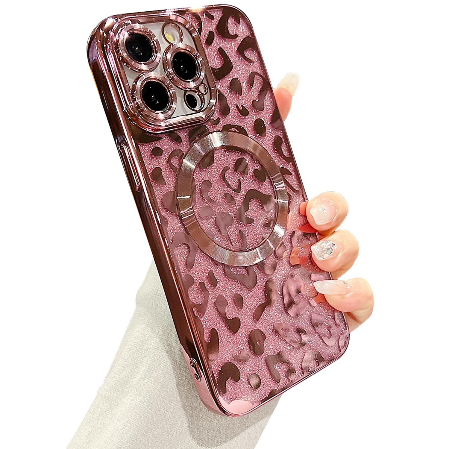 ZONRW for iPhone 15 Pro Max Case Magnetic,Soft Cute Luxury Leopard Cheetah Pattern Plating Glitter Bling Phone Case Compatible with MagSafe Clear