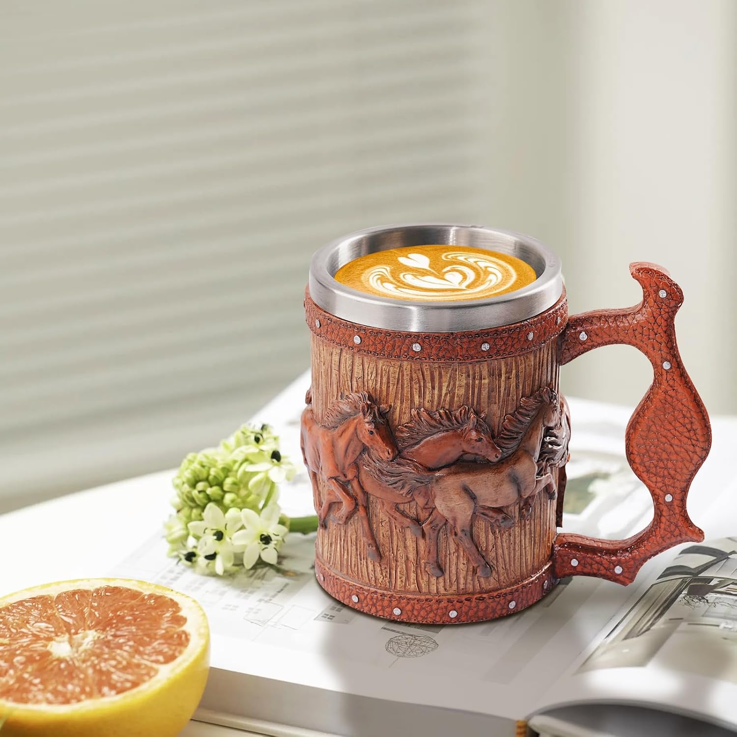 Wooden Barrel Horse Beer Mug, 20oz Stainless Steel Horse Beer Stein Coffee Cup Horses Lover Gifts for Birthday Christmas, Renaissance Accessories Halloween Party Decoration Drinkware Gift - Image 4
