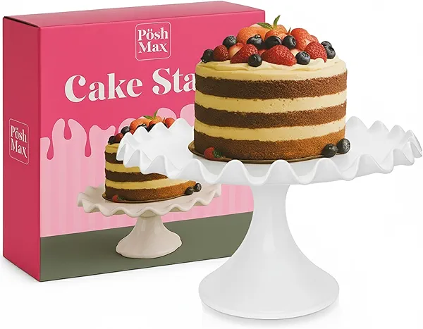 Posh Max 10.5 in White Round Cake Stand – Porcelain Dessert Stand for Cake, Cupcakes, Pastries, Cookies & Treats – Decorative Wedding Cake Stand for Birthday, Baby Shower, and Party