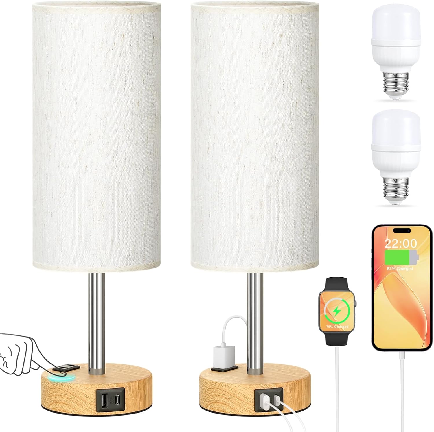 Bedside Lamp for Bedroom Set of 3 - Small Table Lamp with USB A + C Charging Port, Night Stand Light with Bulb, Side Table Desk Reading Lamp for Living Room
