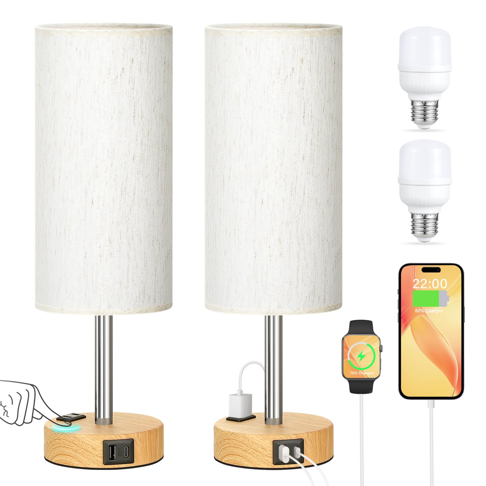 Touch Bedside Table Lamps Set - 3 Way Dimmable Bedroom Lamps Set of 2 with USB C and A Ports, Small Lamps for Nightstand with AC Outlet, Wood Base Round Flaxen Shade for Desk, Office, Dorm, Nursery