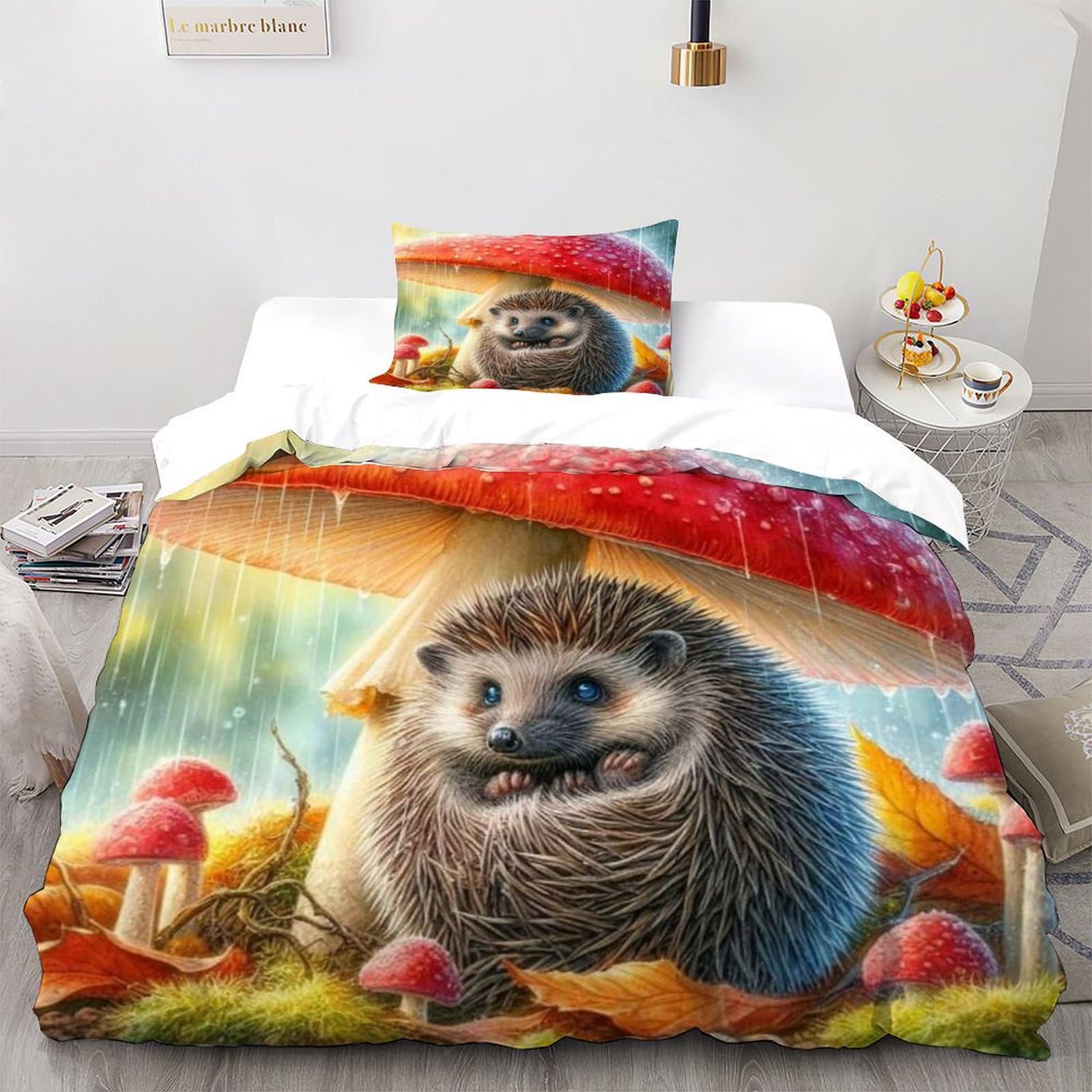 Mushroom hérisson housse de couette 2 pièces motif animal mignon pour lit adulte single