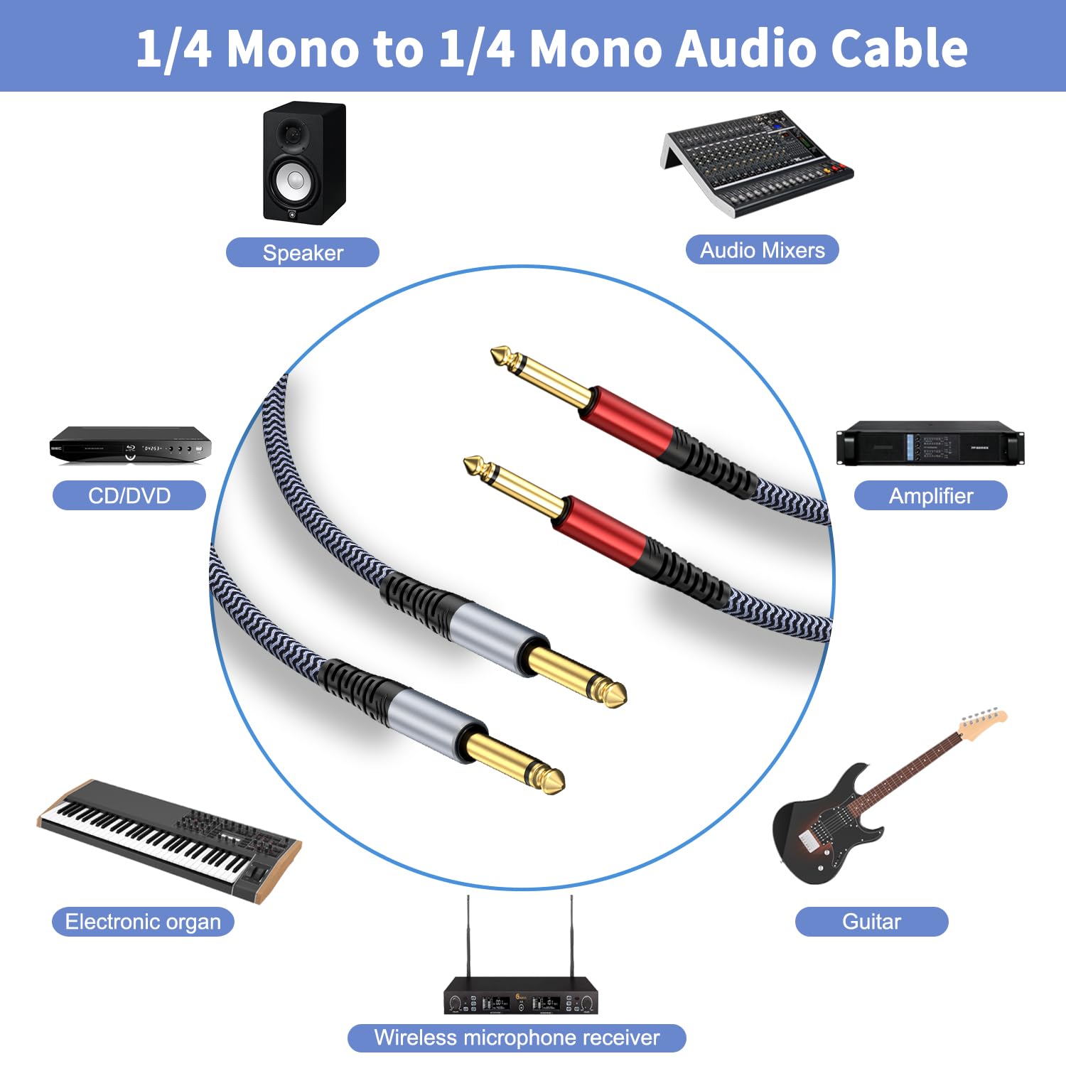 Cable de instrumento de guitarra de 1/4 de 30 pies, 2 unidades, recto a recto, cable de instrumento de 1/4 compatible con guitarra eléctrica, bajo, batería, pedal, amplificador