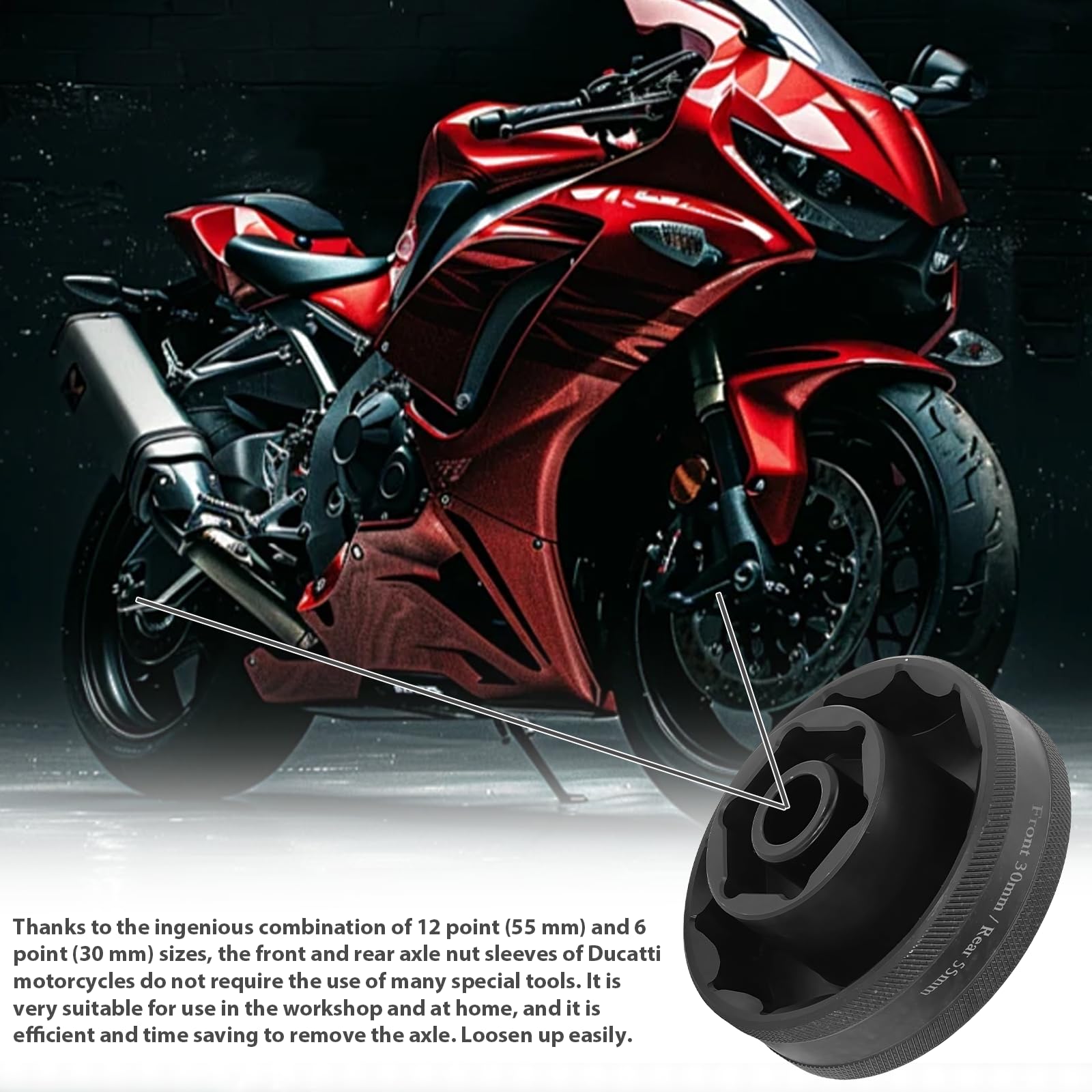 1 kit d'outils d'écrou d'essieu de moto Ducati - Écrou d'essieu avant et arrière - Douille 55 mm + 30 mm - Pour Ducati 1098/1198/1199/Multistrada 1200/1260/SW - Acier de qualité supérieure - Clé 1/2