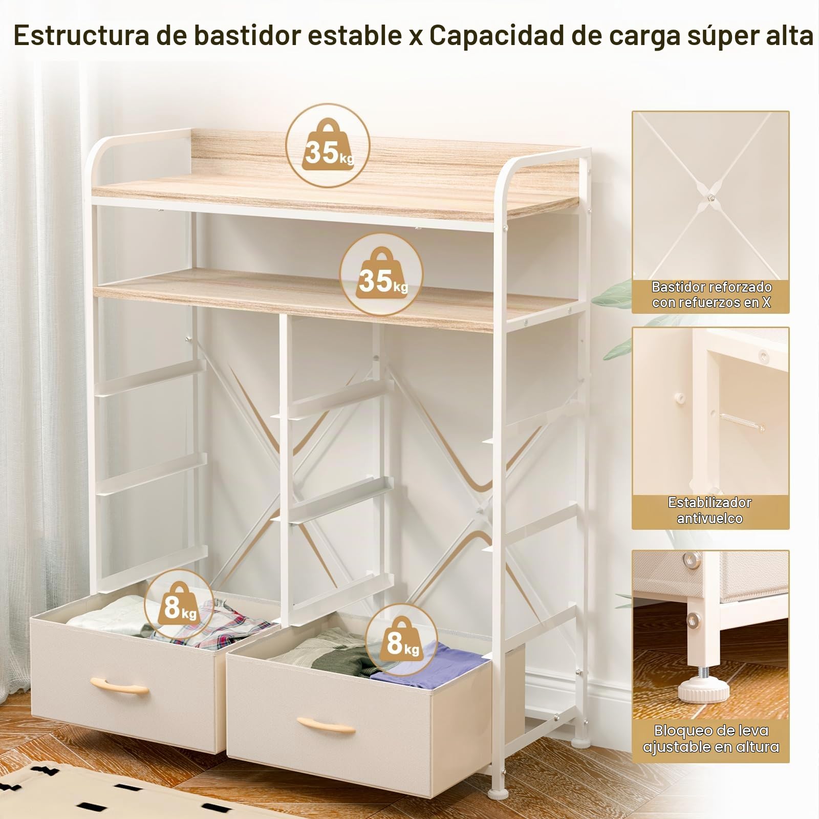 Cómoda, Cajonera de Tela con 8 Cajones de Tela, Cómoda de Tela, 4 Bolsillos Laterales, Estructura Metálica, para Sala de Estar, Pasillo, Beige