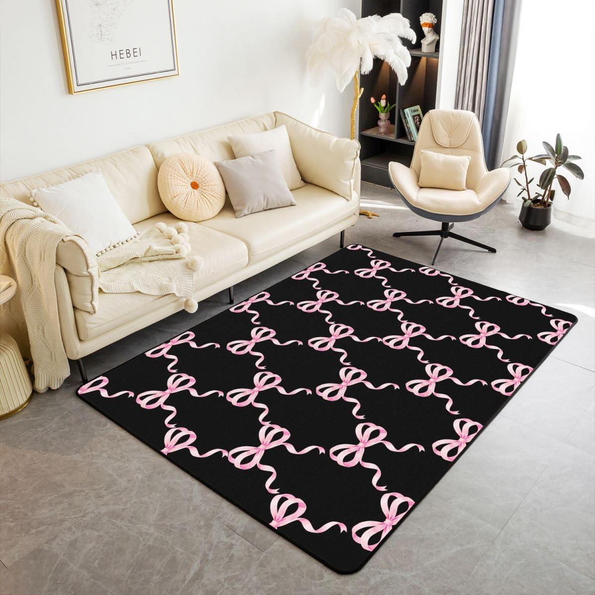 Homewish Czarno-różowa kokardka uroczy geometryczny dywanik 150 x 200 cm do sypialni - kokarda księżniczka dywany dla dzieci salon wstążka kawaii nie gubi włosia dywan dziewczyny ciepłe miękkie