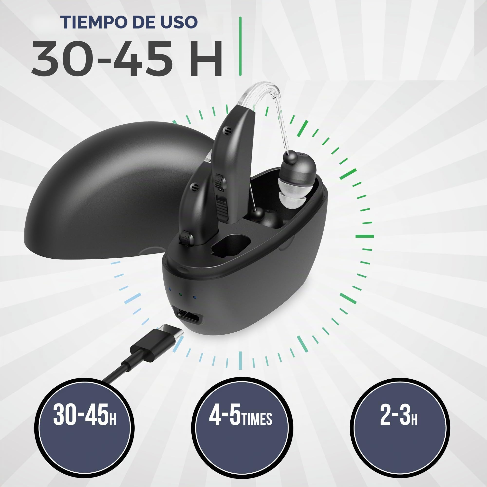 Dispositivo de sonido personal, batería recargable para todo el día, ligero, detrás de la oreja, dispositivo de voz con sonido BTE, negro