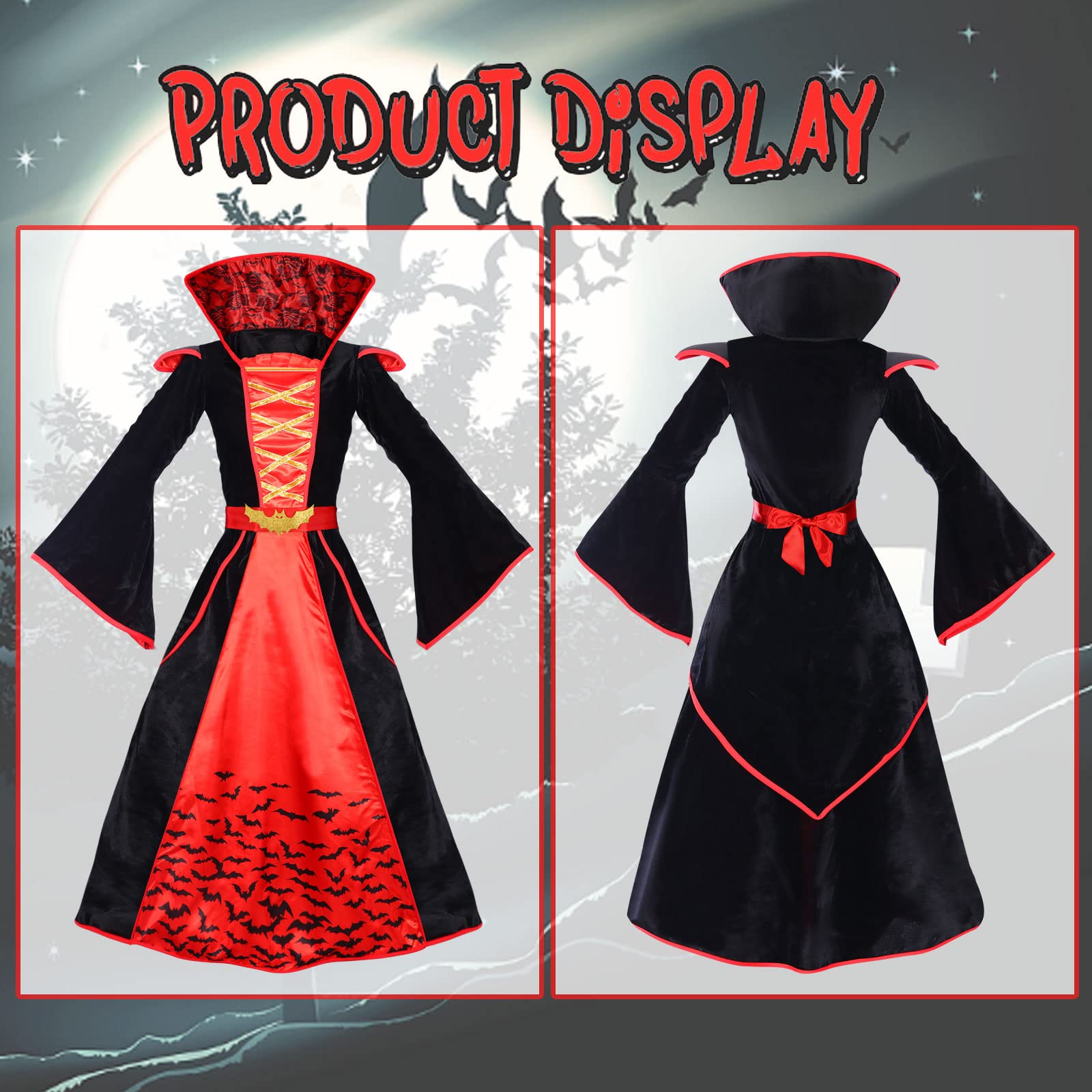 Angenster Gothic Dress - Vampire Costume for Girls Royal Witch Outfit with Teeth Necklace & Sticker (M) - Image 3