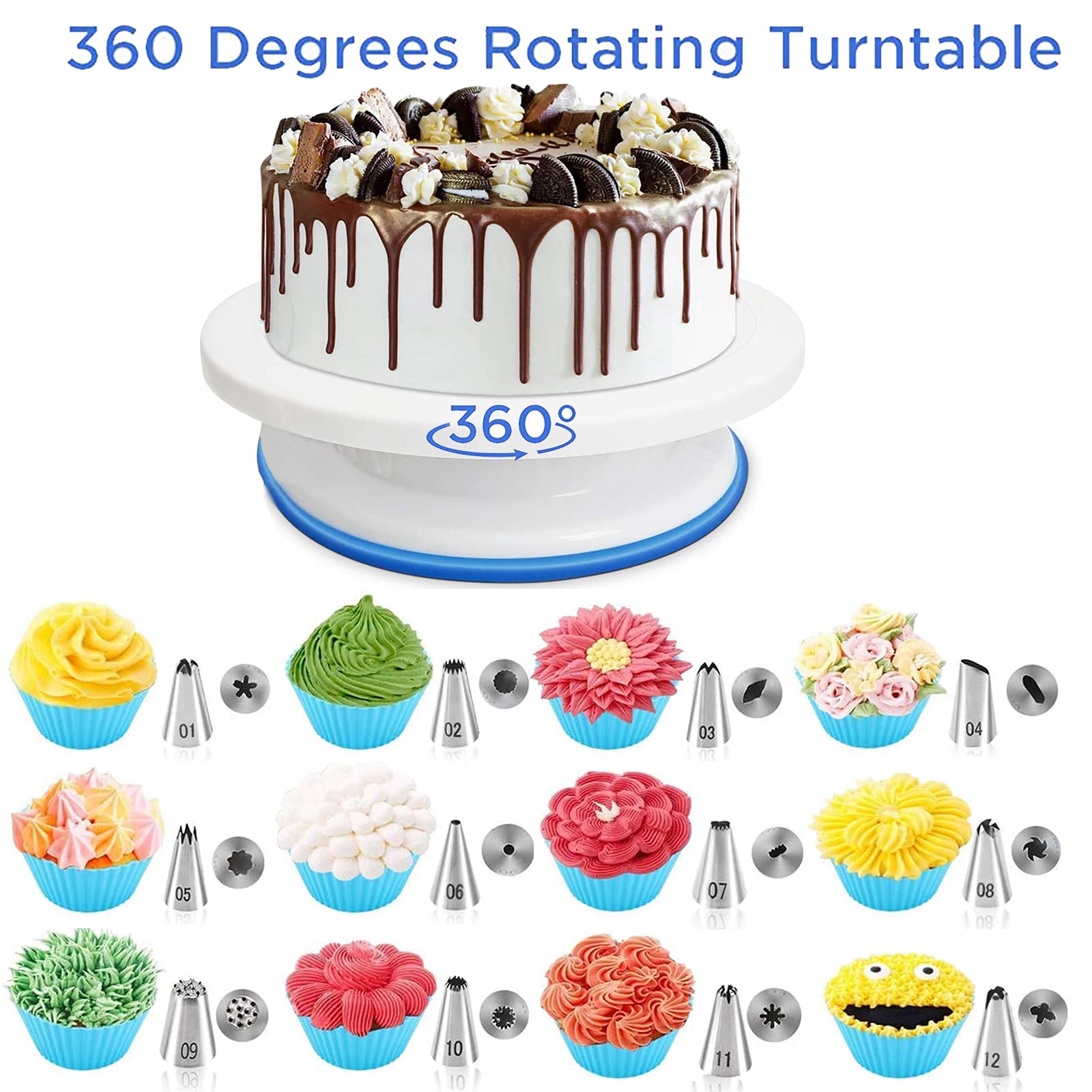Springform-Kuchenform-Set und Kuchen-Drehteller & Dekorations-Kits, 10.2 cm/17.8 cm/22.9 cm, inklusive 50 Stück Kuchenpapier mit 12 Kuchendekorationsspitzen, schwarz