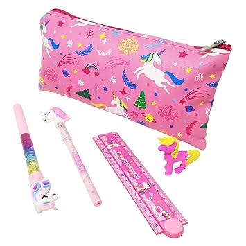 PARTEET Unicorn Combo Pack of Stationery Set - Unicorn Pencil Pouch/Stationery Pouch/Pencil Case with Unicorn Water Pen, Unicorn Pencil ,Unicorn Eraser and Folding Scale for Kids (Pack of 5 ) , Pink.