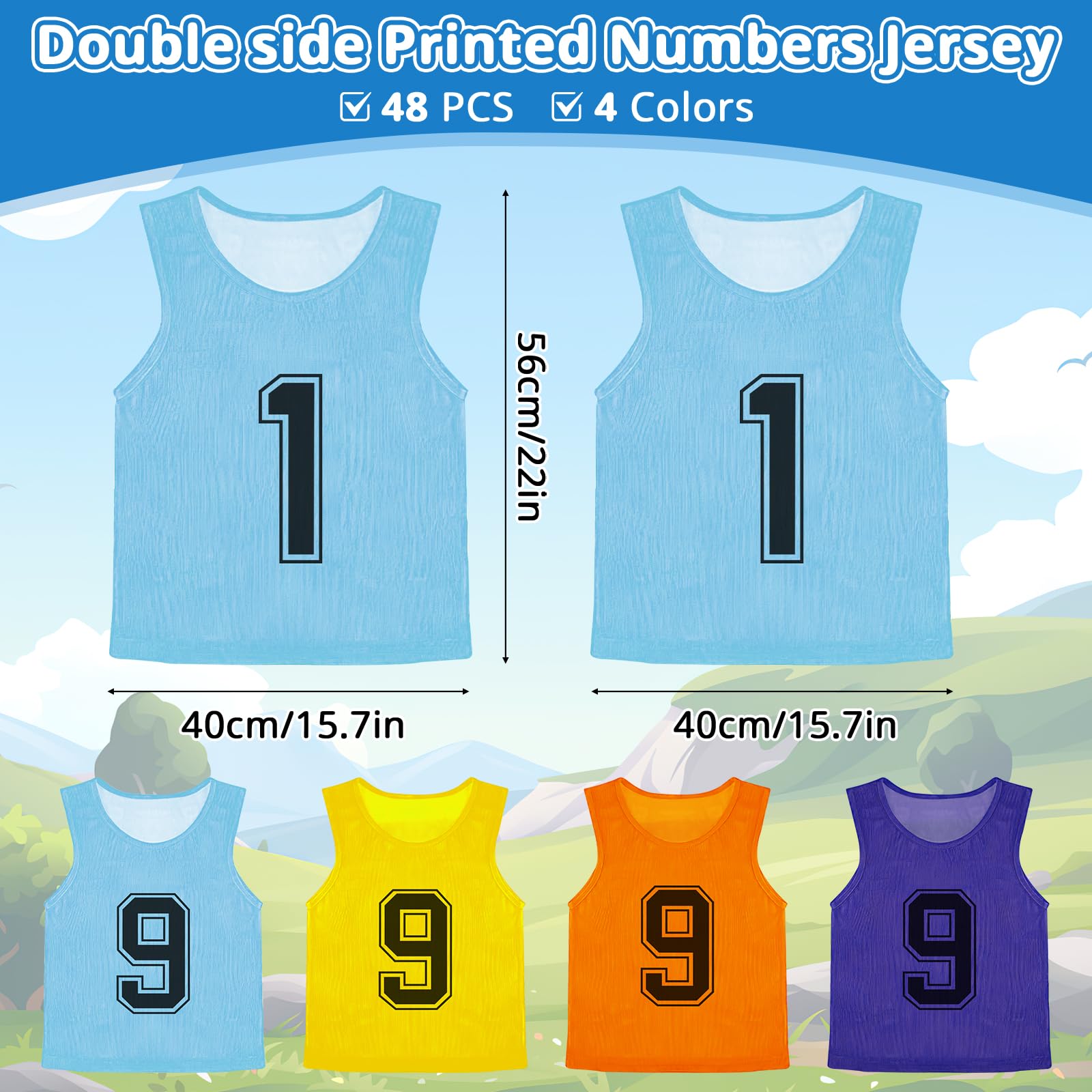 48 pezzi di sport di squadra Pinnies Gioventù Scrimmage Vest Calcio Training Vest Mesh Numerato Calcio Jersey per Bambini Giovani (4 colori)