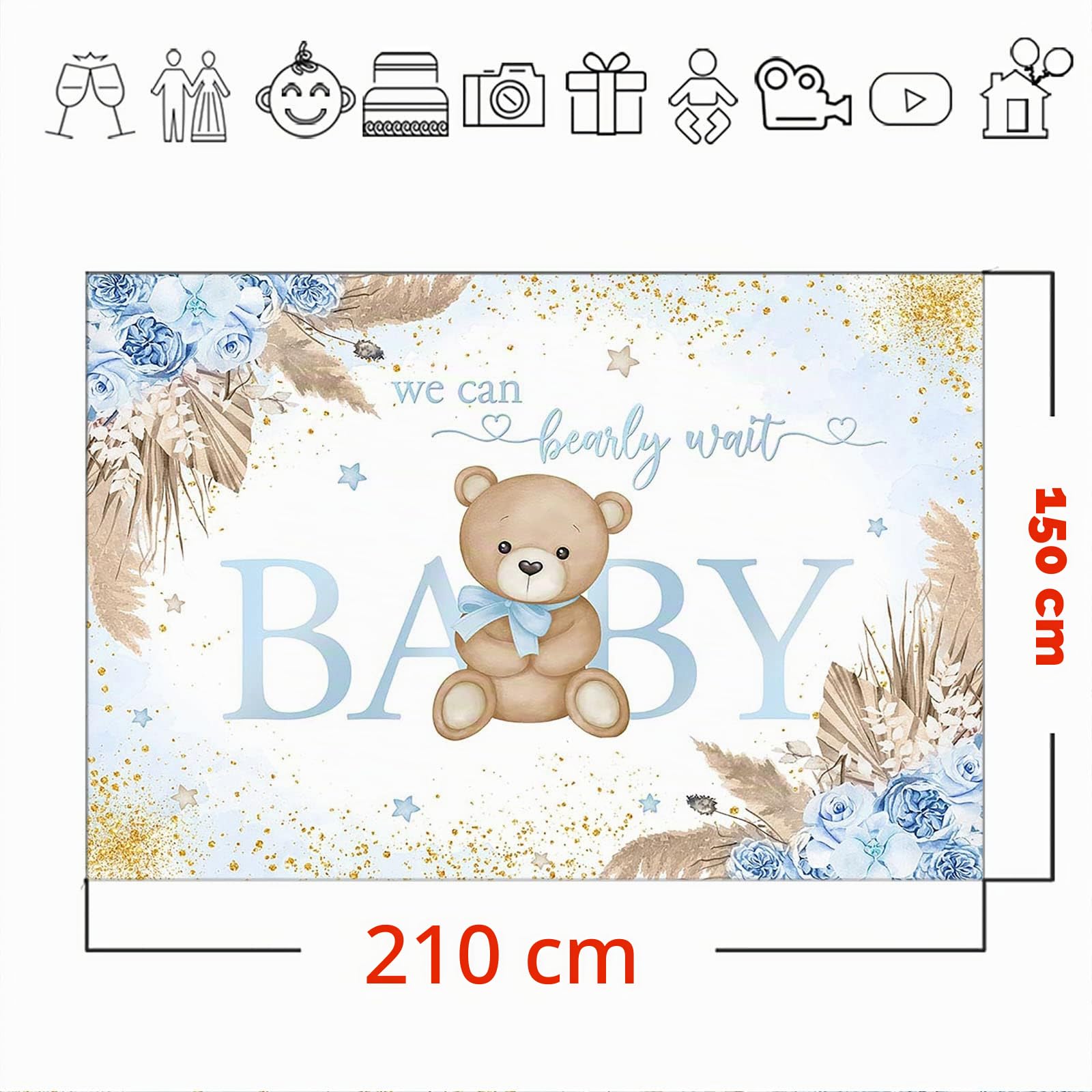 Avezano Sfondo decorativo per baby shower con orsetto bohémien, per baby shower, feste e fotografie, 2,1 x 1,5 m