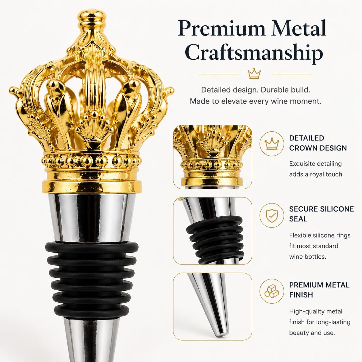 Crown Wine Bottle Stoppers 2 Pack, Gold and Silver Decorative Wine Stoppers for Standard Bottles, Zinc Alloy Royal Crown Bottle Stopper Set for Wedding Favors, Hostess Gifts, Home Bar and Party Table