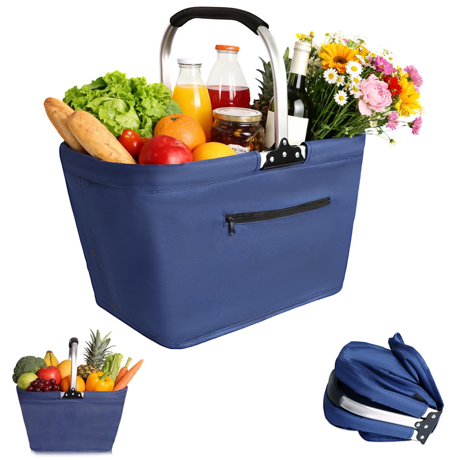Sac Pique Nique Isotherme Pliable, Sac Isotherme 35 L, Grand Panier Isotherme avec poignée Aluminium e Couvercle pour Camping, Voyages, Shopping, Activités de Plein Air