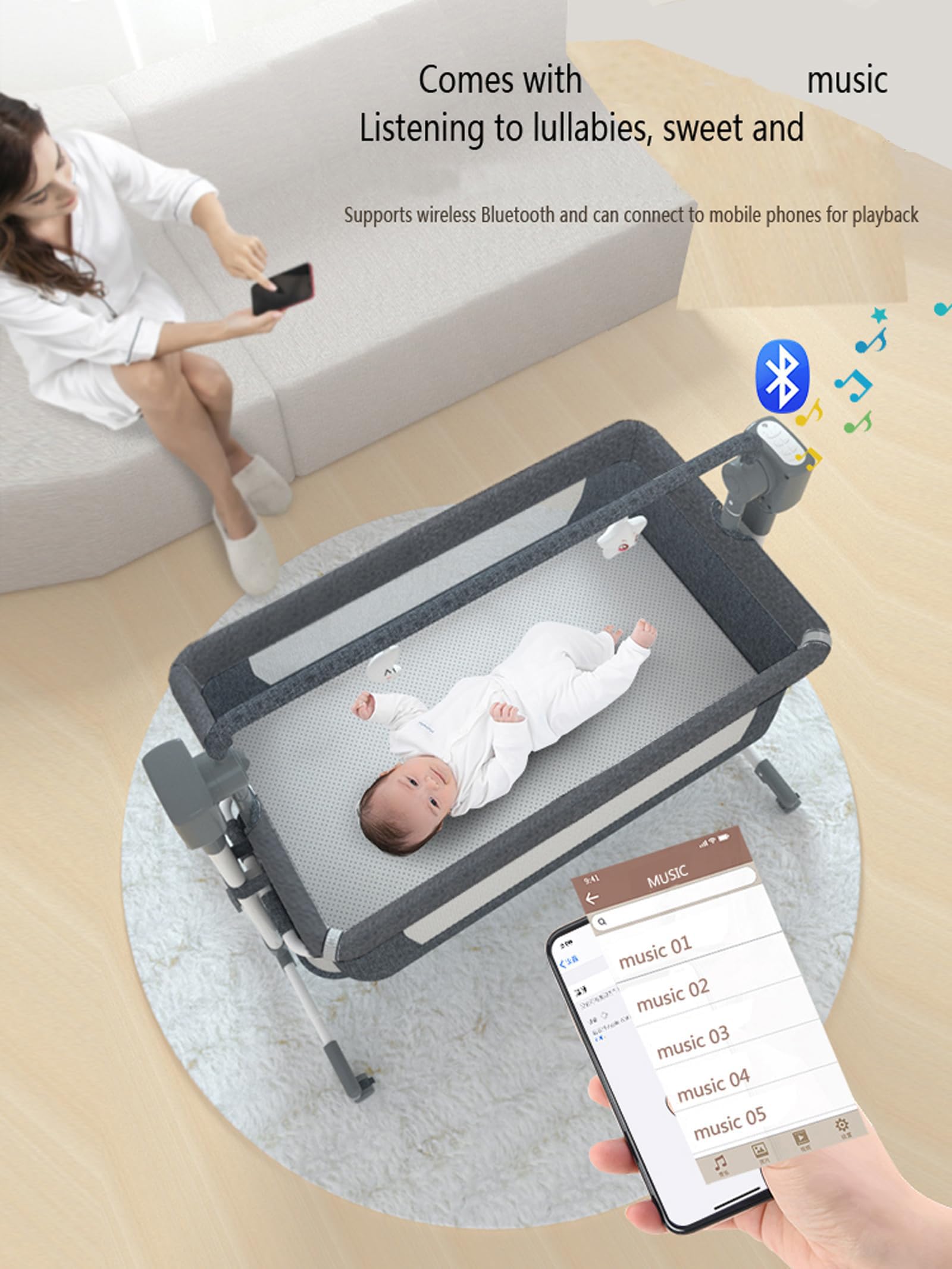 MoLi Eléctrico Bluetooth Inteligente Cuna Colecho Bebe, Cuna Next to me Convertible, Plegable Colecho Bebe con Colchon, Música, 5 Engranajes de Balanceo y Control Remoto (601 Beige)