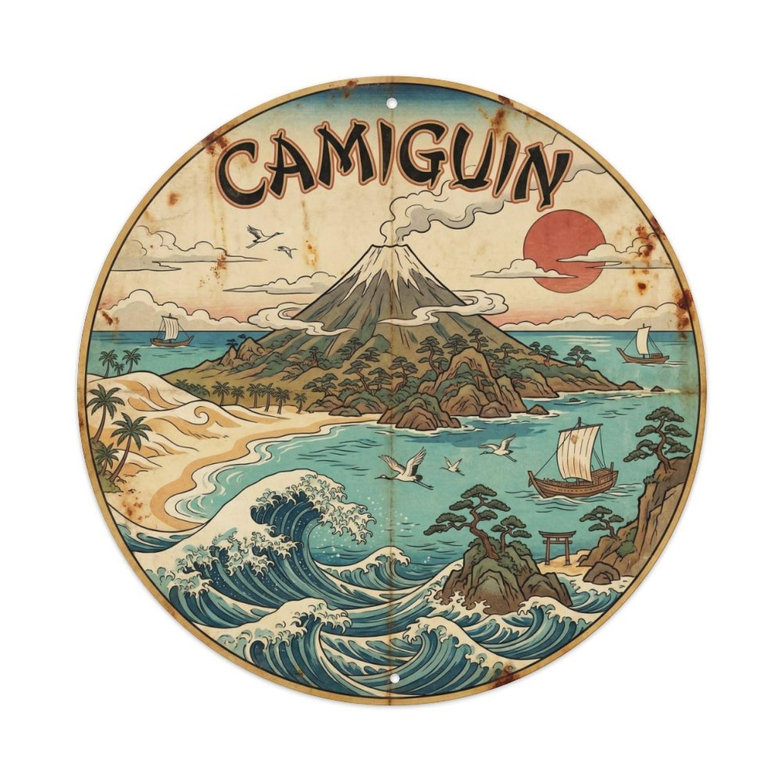 Camiguin Island Tropical Vintage Woodcut Metal Tin Sign