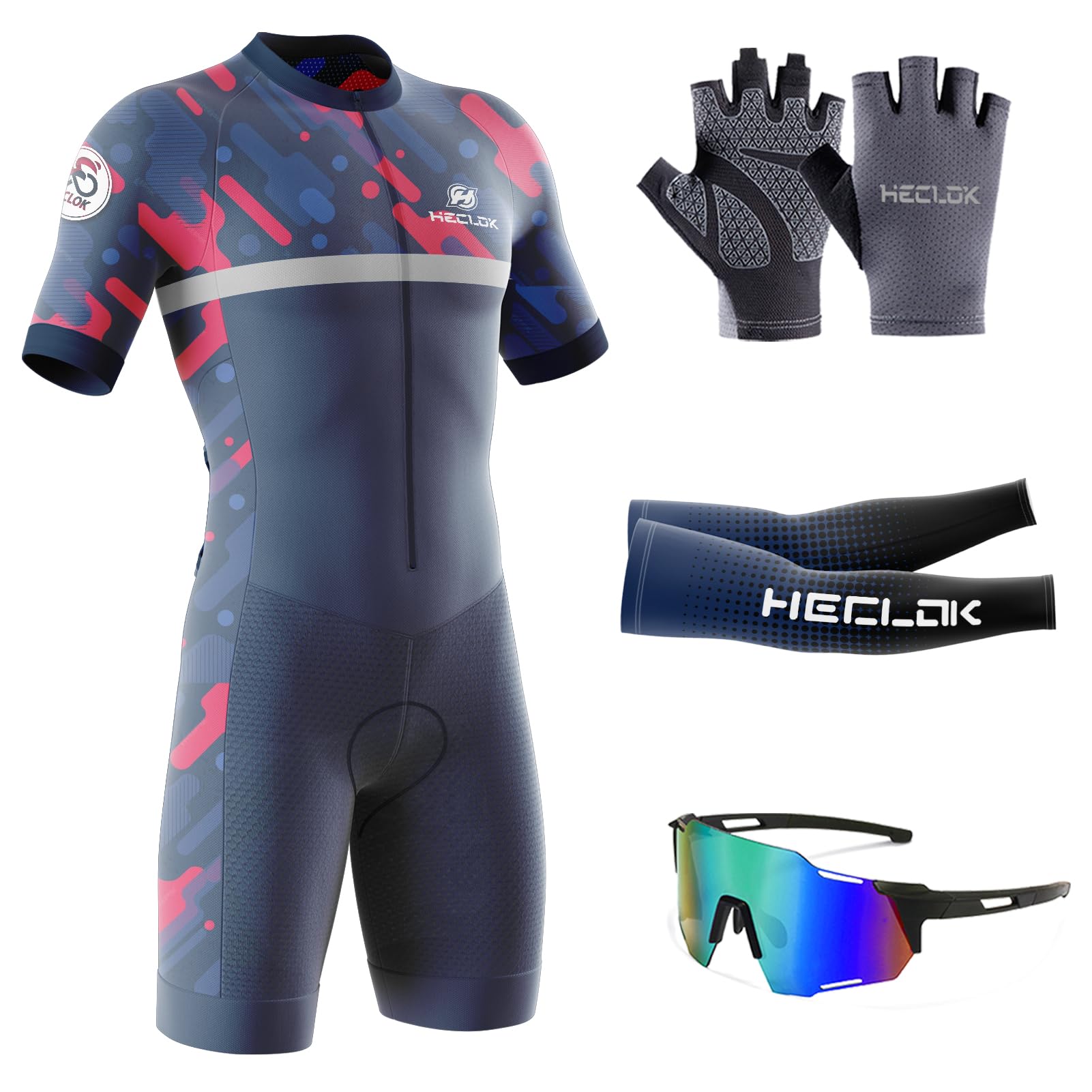 Heclok Men's Typ-2 Triathlon Tri Suit- Cycling Skinsuit Triathlon Speedsuit Trisuit Short Sleeve Speedsuit-Quick Dry,One Piece Bodysuit For Bicycle Training,Outdoor Biking Race,Riding Sport (,L)