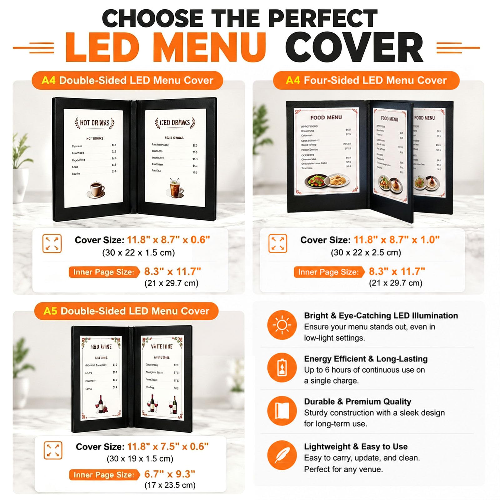 Porta Menú LED Multipágina A4, Soporte Iluminado Recargable para Cartas de Restaurante y Bebidas A4FourSide2Pack