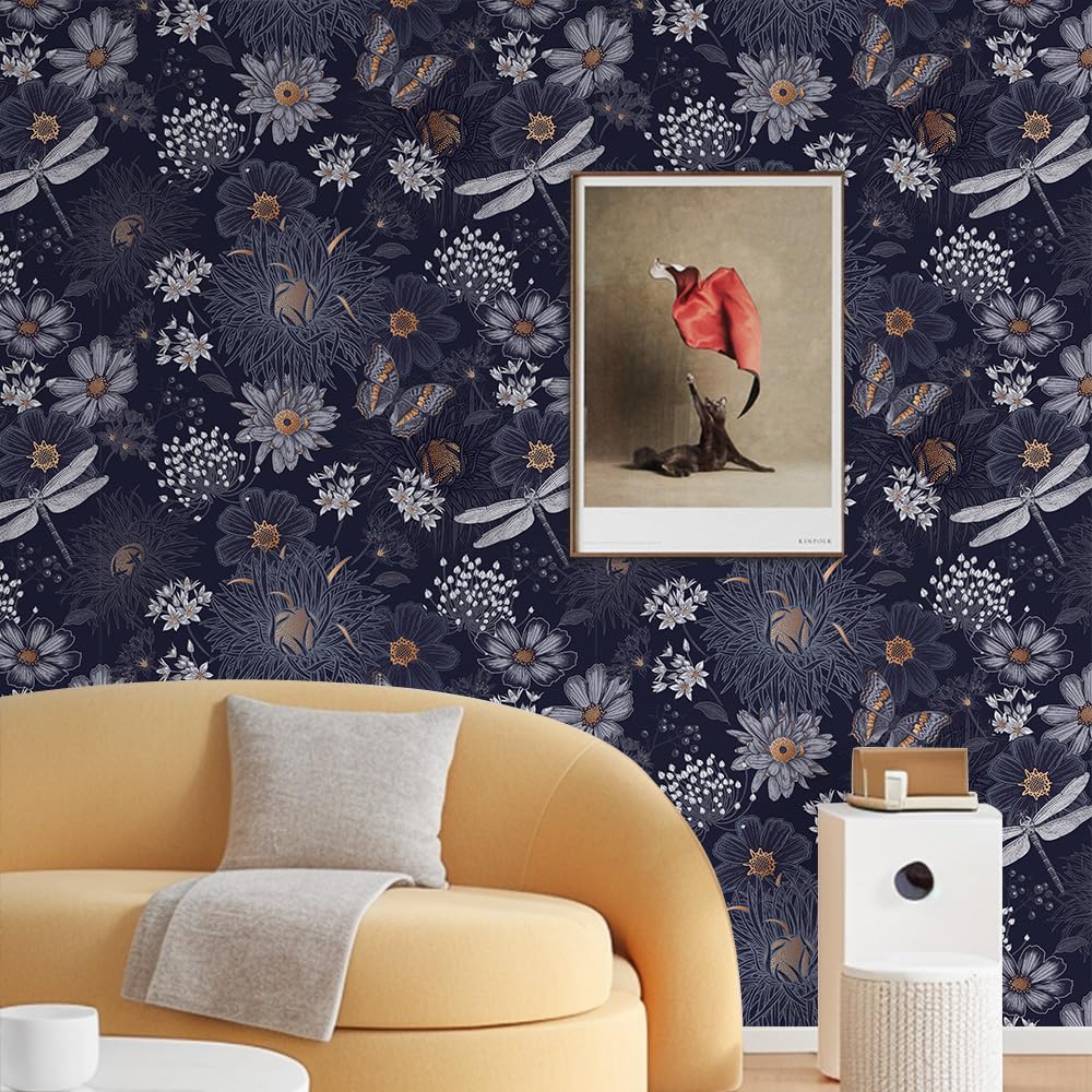 SOEWIOU Dark Floral Wallpaper, 44.5×300cm Waterproof, Cute Butterflies and Dragonflies Pattern for Home Bedroom and Kitchen Decor - Image 3