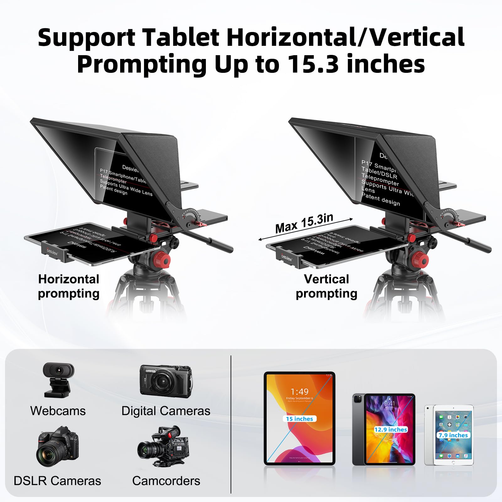 Desview P15 Aluminiumlegierung Hebbarer Teleprompter, 15 Zoll Prompter für iPad Tablet Smartphone DSLR Kamera, Kompatibel mit iOS Android, Fernbedienung und App für Videoaufnahmen, Live-Streaming