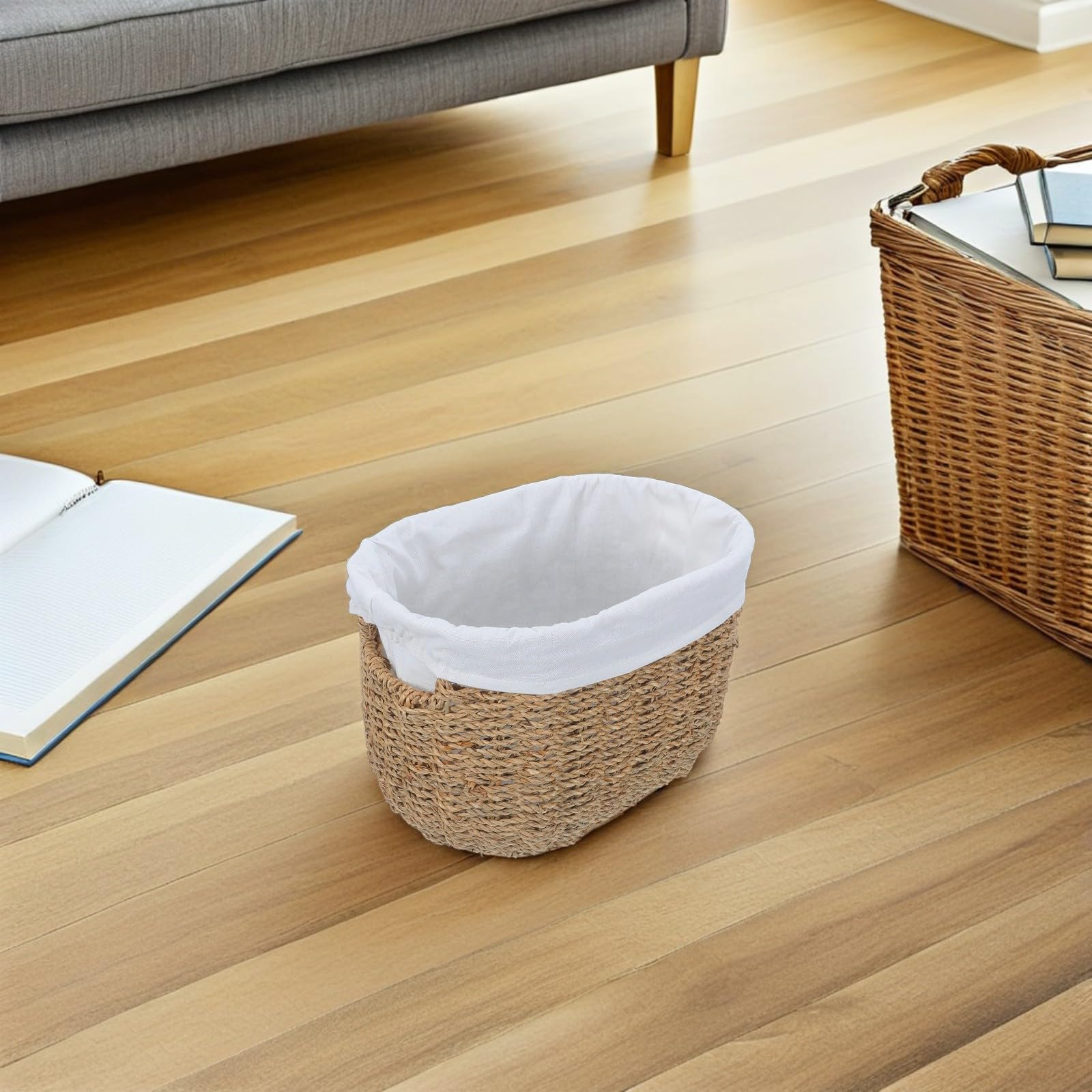Cubo de Basura Grande Beige de Hierba con Diseño Portátil y Fácil de Mover para Oficina y Baño Estilo Rústico Decorativo