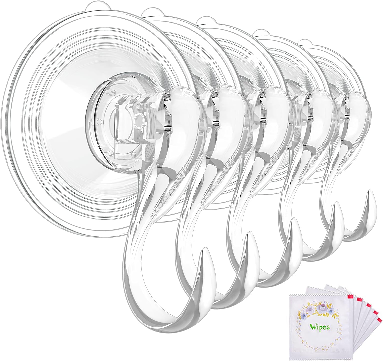 VIS'V Large Suction Cup Hooks with Wipes, Heavy Duty, Removable and Reusable, Clear, 5 Pcs