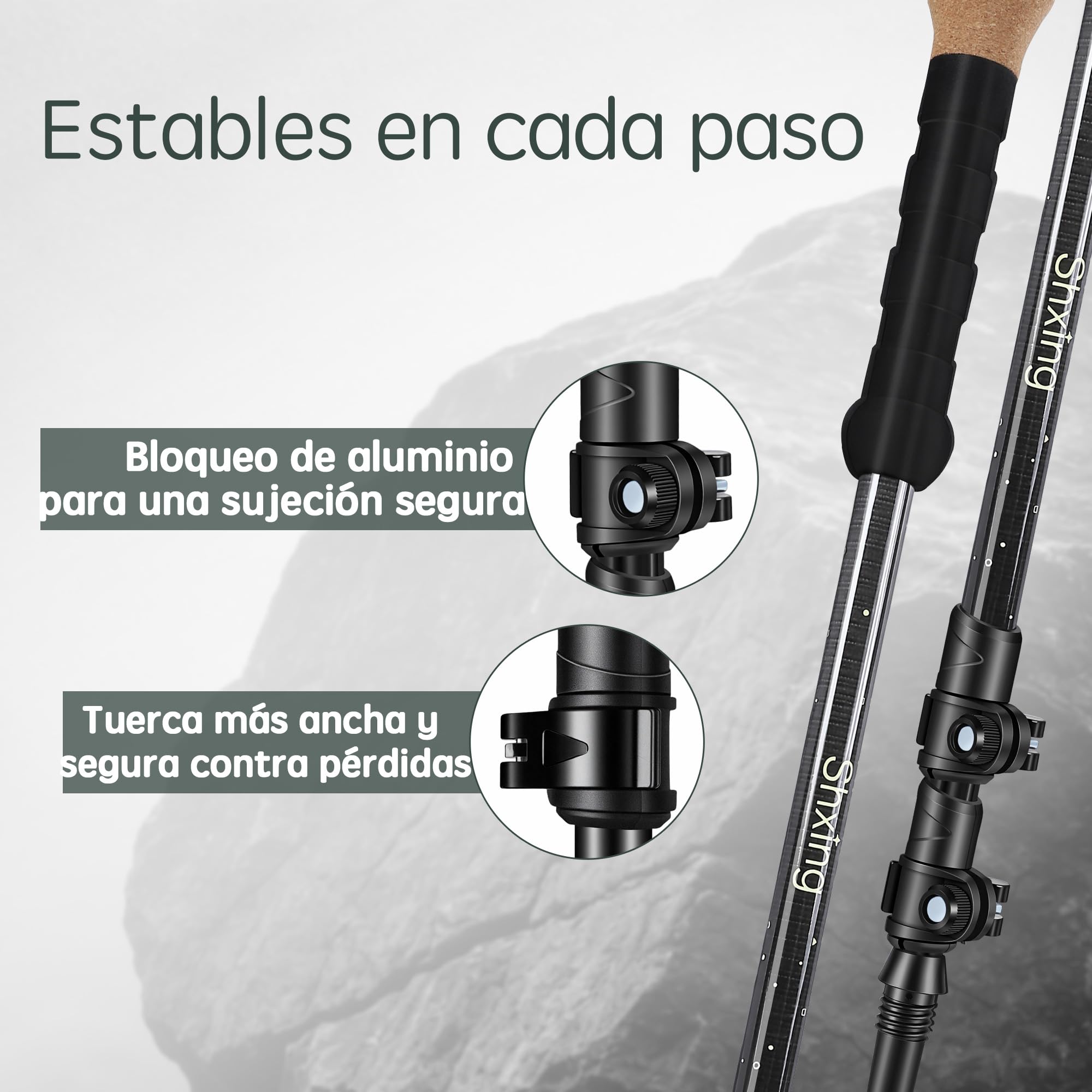 Bastones de Trekking telescópicos 2 Unidades, 200 g Cada uno, 62–135 cm, Carbono, empuñadura de Corcho + EVA, Cierre de Aluminio, para Trekking y Marcha nórdica