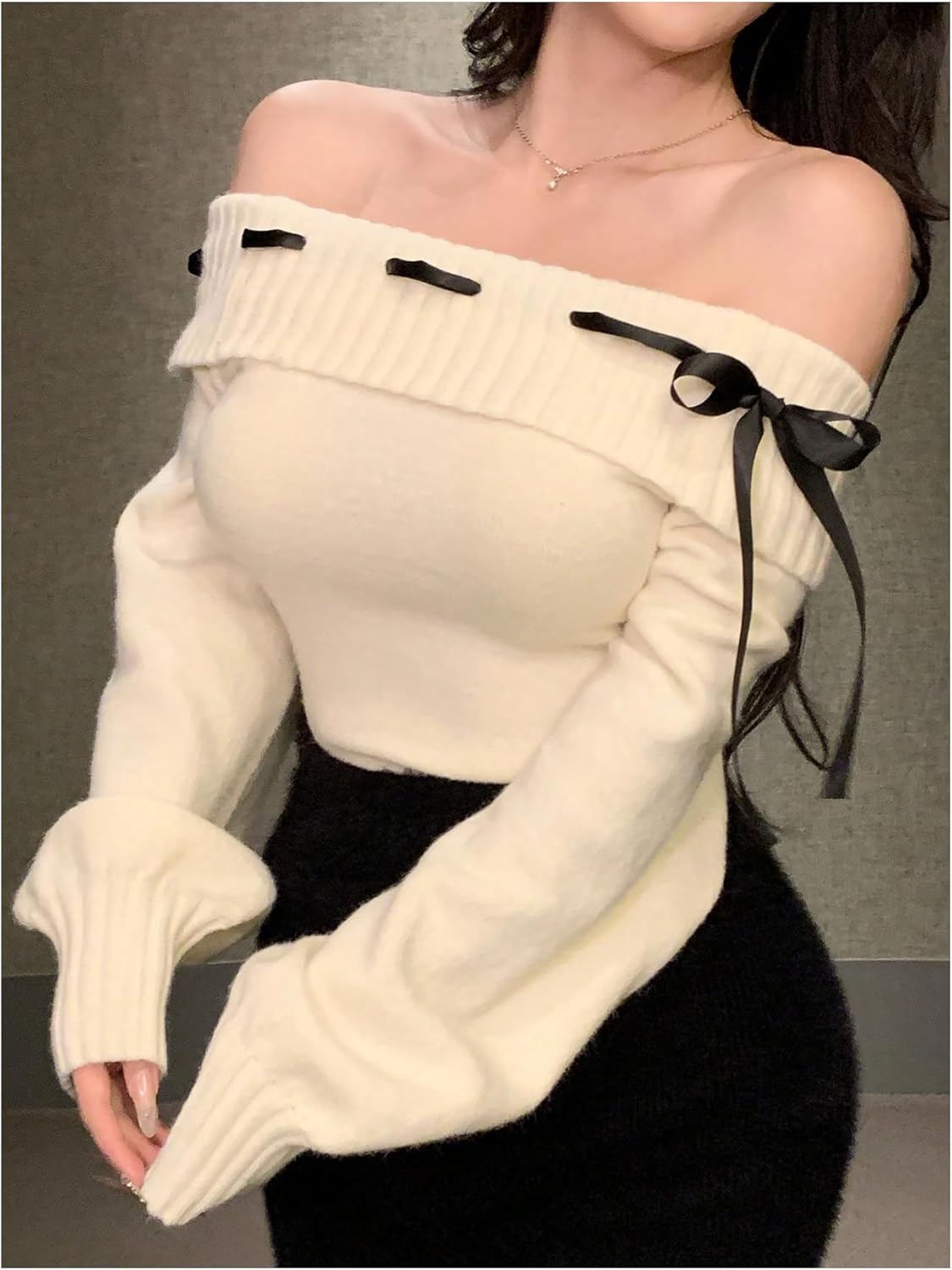 SweatyRocks Women's Off the Shoulder Sweater Bow Cable Knit Lantern Sleeve Pullover Sweaters - Image 2